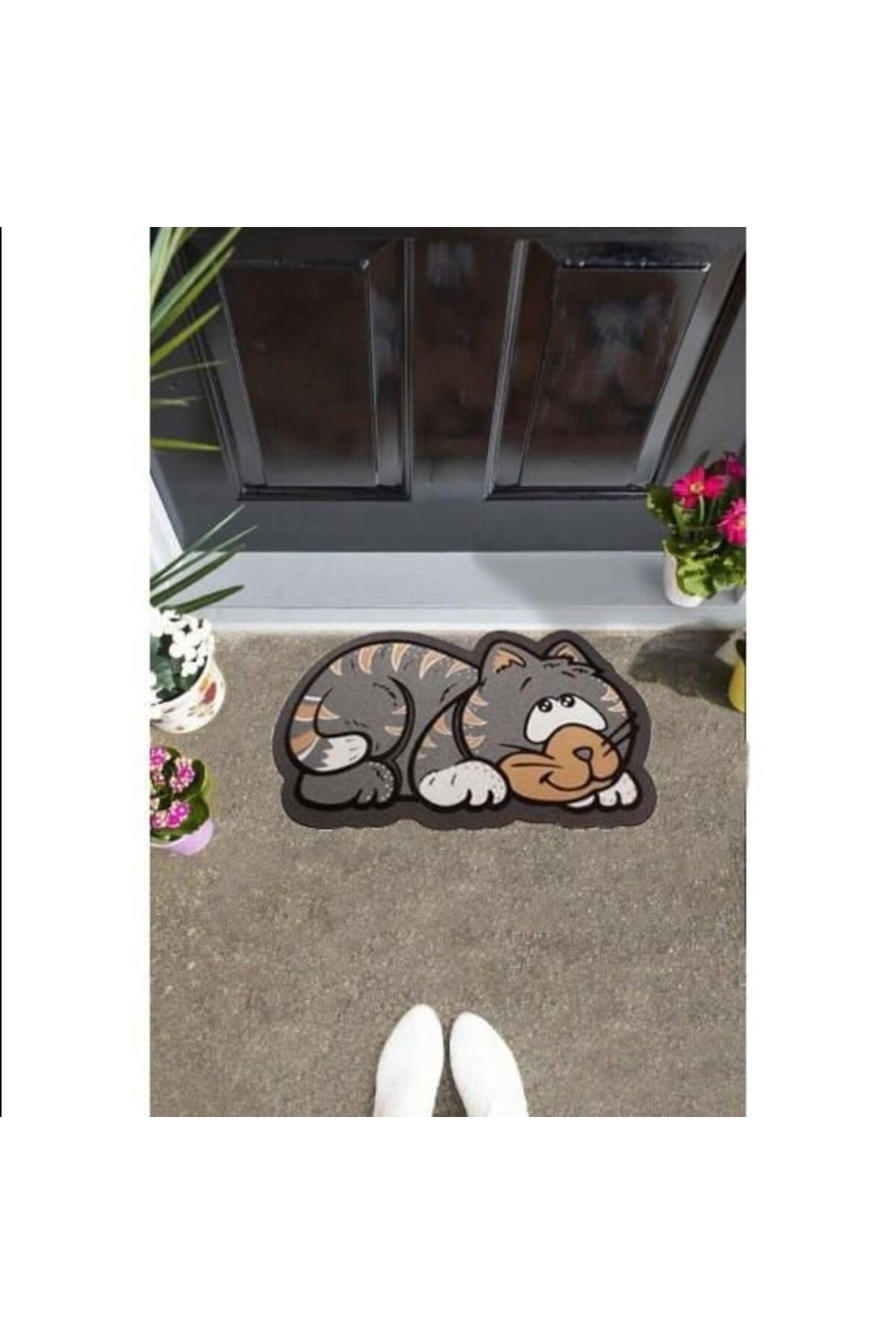 esdekor Home İtalyan Sempatik Kapı Paspas 40x68cm Kedi Pvc Flok Baskı 1 Adet