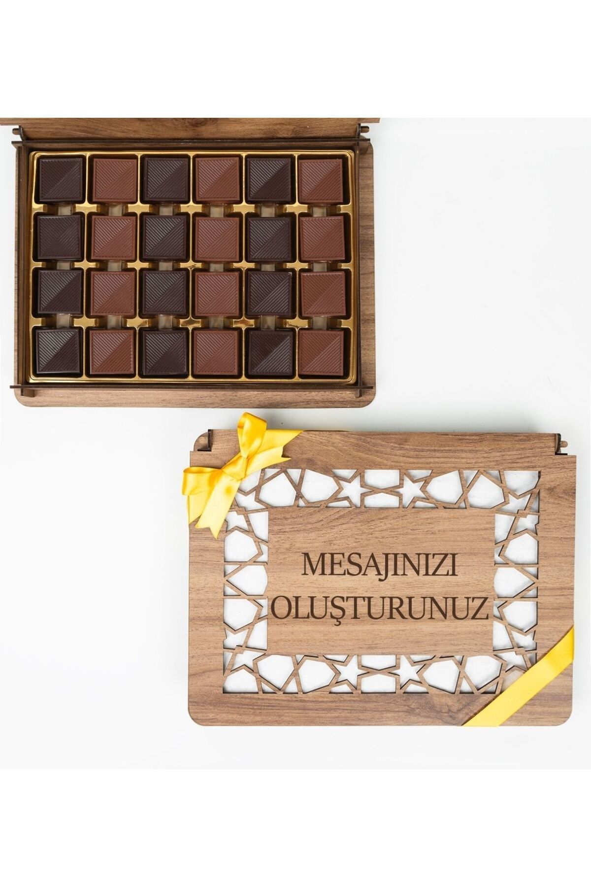 CARON CHOCOLATE Kişiye Özel Ahşap Kutuda 48'li Sütlü Bitter Madlen Hediyelik Çikolata