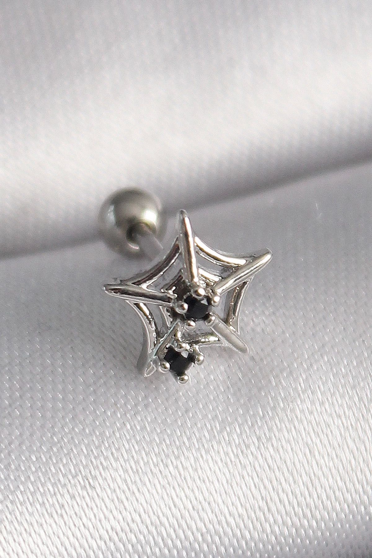 Ekince 316L Çelik Gümüş Renk Siyah Zirkon Taş Detay Örümcek Ağ Model Tragus Piercing
