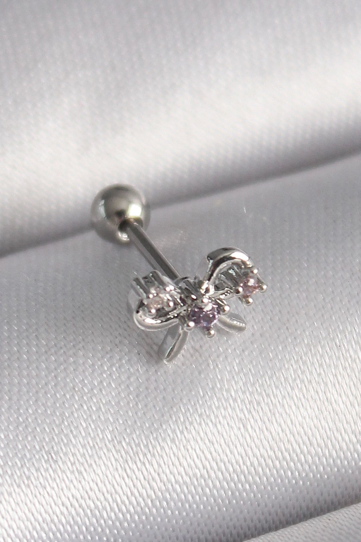 Ekince 316L Çelik Gümüş Renk Zirkon Taşlı Kurdele Tragus Piercing