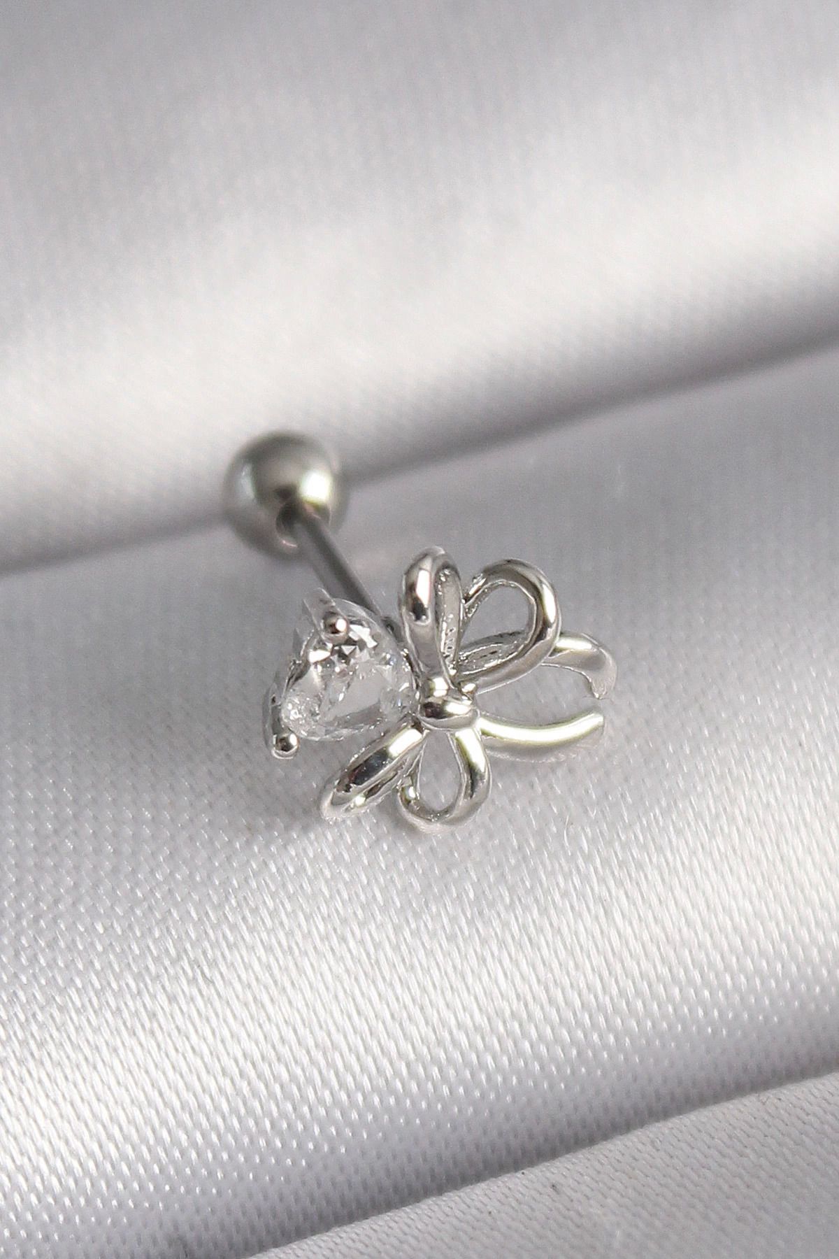 Ekince 316L Çelik Gümüş Renk Zirkon Taş Detay Kurdele Model Tragus Piercing