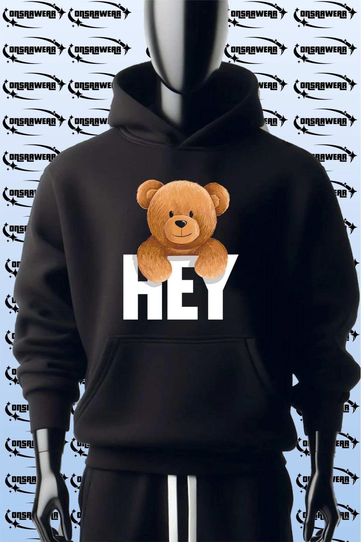 MODA Sevimli Selam Ayıcık Hey Yazı Baskılı %100 Pamuk 3 İplik Kalın Şardonlu Kanguru Cepli Sweatshirt