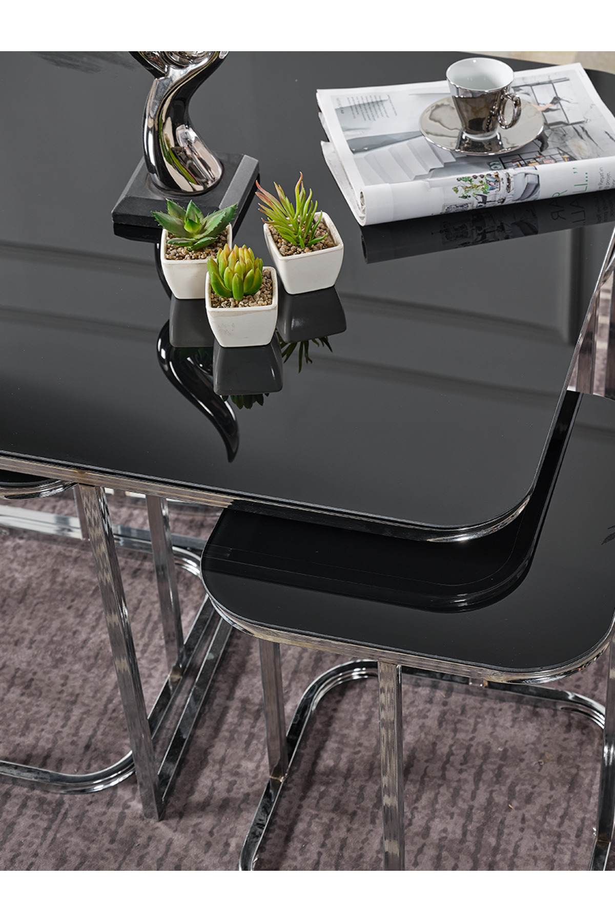 5li Oval Kenar (KURULUM GEREKTİRMEZ) 4 1 Siyah Aynalı Temperli Cam Gümüş Ayak Takım Sehpa Bohem