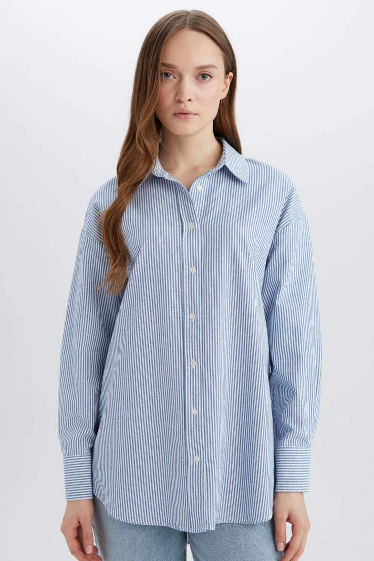 DeFacto Yeni Sezon Relax Fit Çizgili Oxford Basic Düz Uzun Kollu Gömlek Tunik