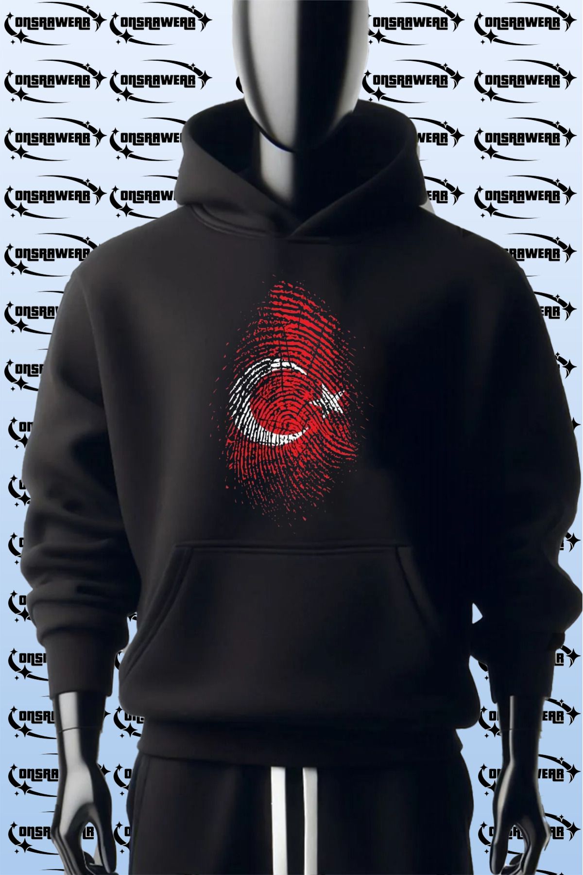 MODA Türkiye Türk Bayrağı Kırmızı Beyaz Parmak İzi Baskılı %100 Pamuk 3 İplik Kanguru Cepli Sweatshirt