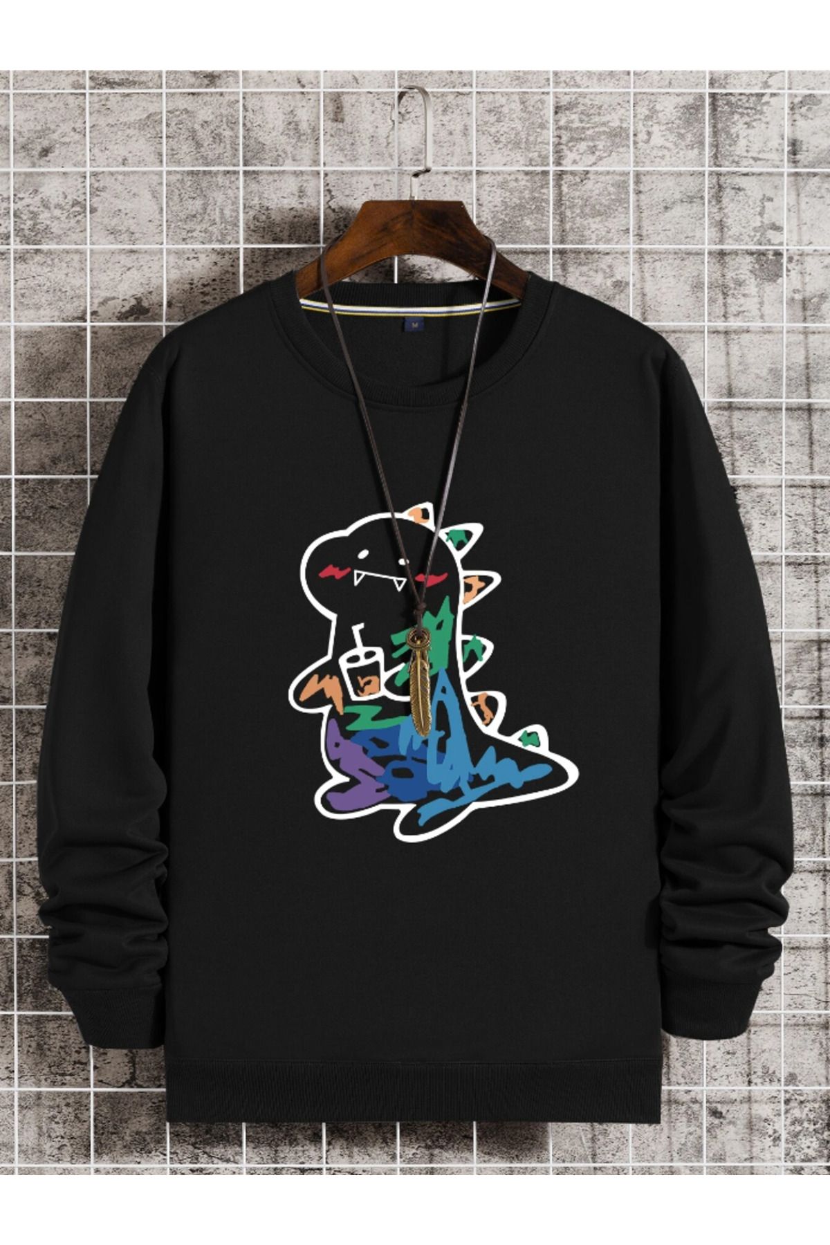 Marco Fresco Unisex Boyalı Dino Baskılı Sweatshirt