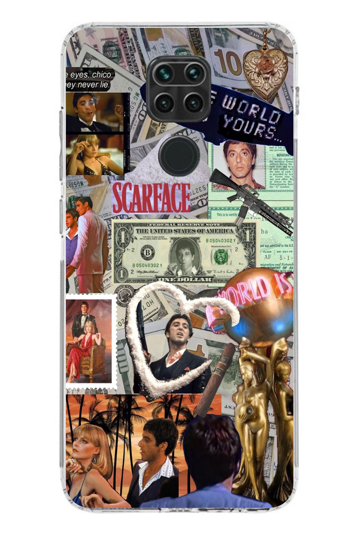 TechTree Redmi Note 9 Uyumlu Scarface Kolaj Tasarımlı Şeffaf Silikon Kılıf