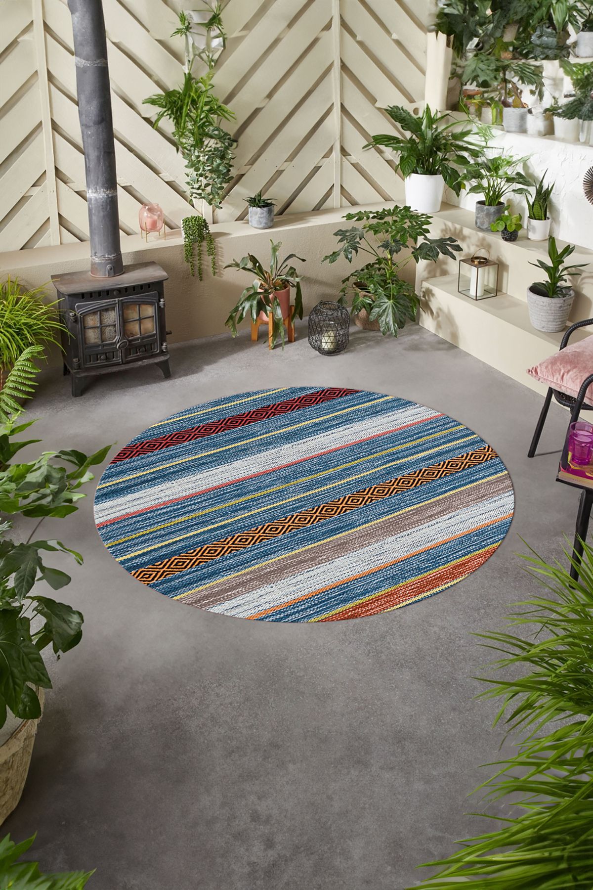 Napoli Home Baskılı Modern Kilim Görünümlü Yıkanabilir Kaymaz Yuvarlak  Salon Halısı, MODERN-Y-185-RENKLİ,