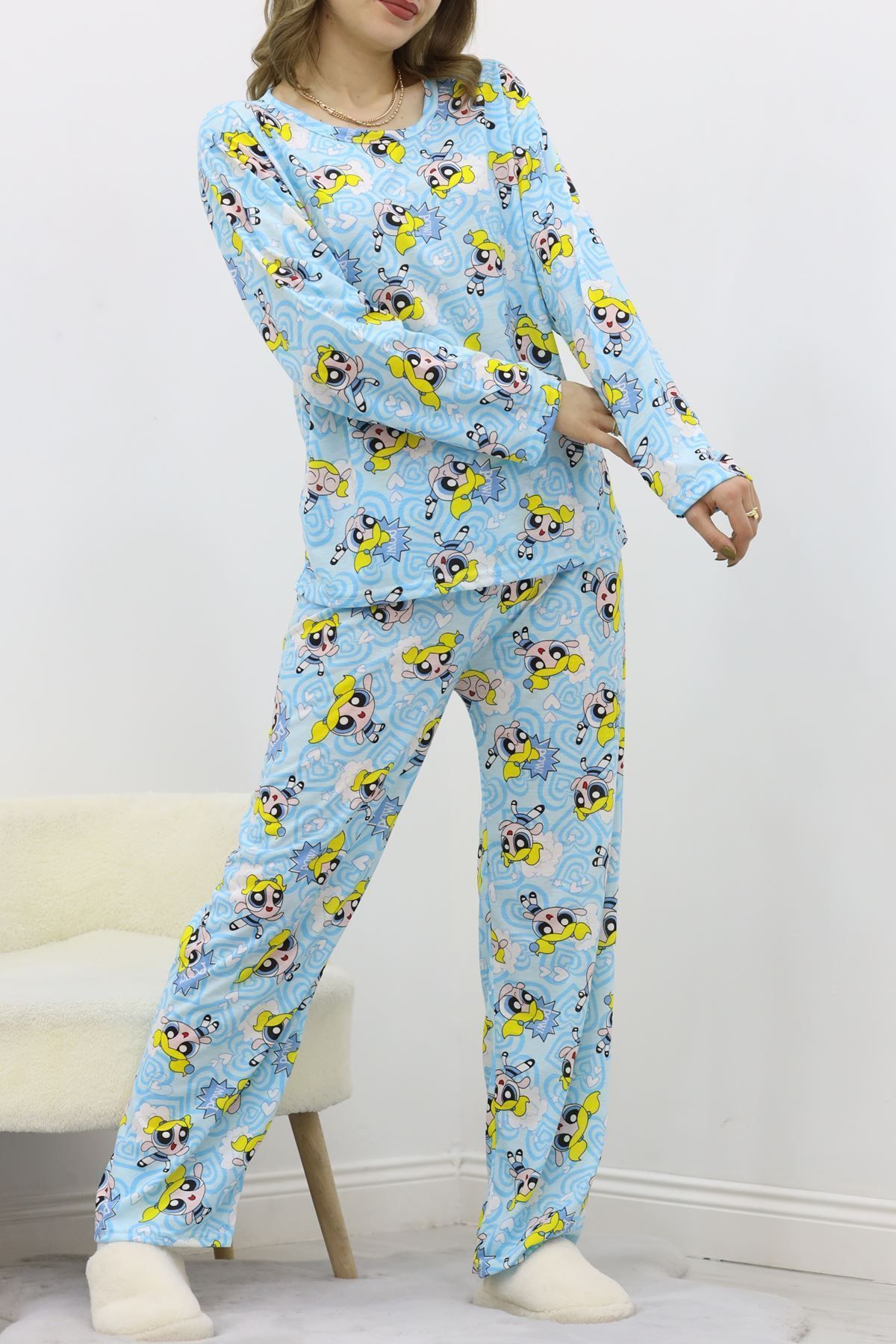 ZenWave Desenli Poliviskon Pijama Takımı Mavi - 818.1287.