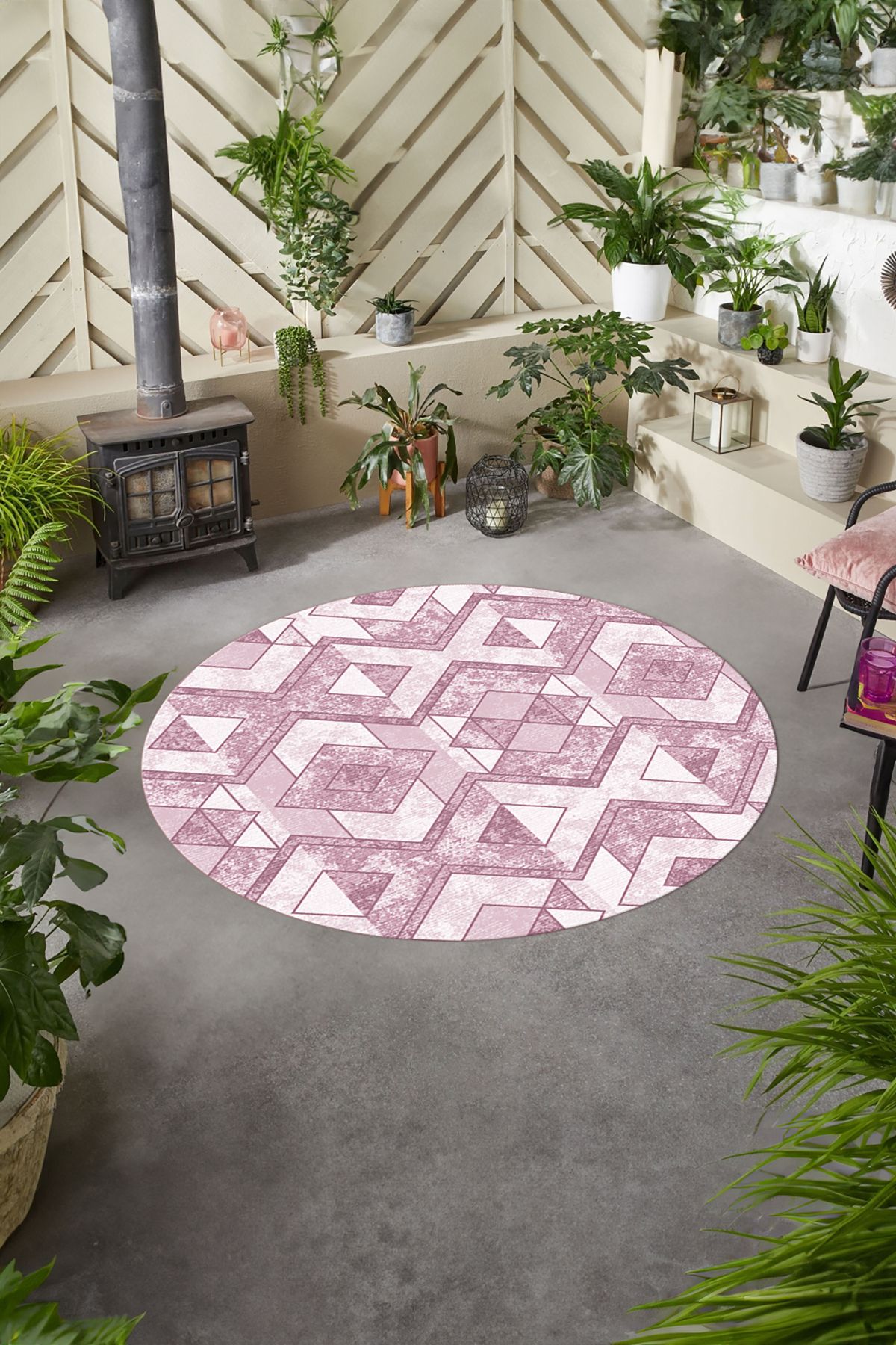 Napoli Home Baskılı Modern Geometrik  Yıkanabilir Kaymaz Yuvarlak Mutfak Salon Halısı, MODERN-Y-139-PEMBE,