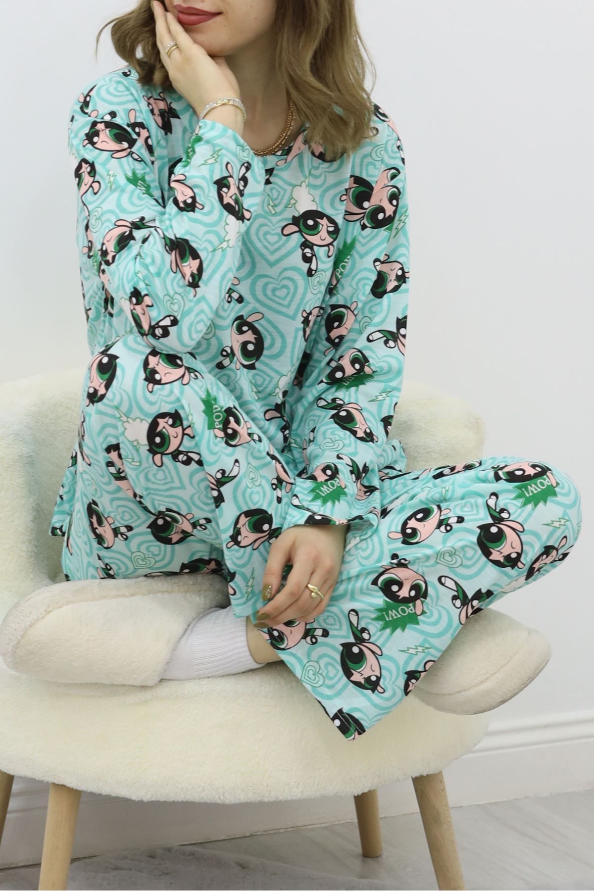 ZenWave Desenli Poliviskon Pijama Takımı Mint - 818.1287.