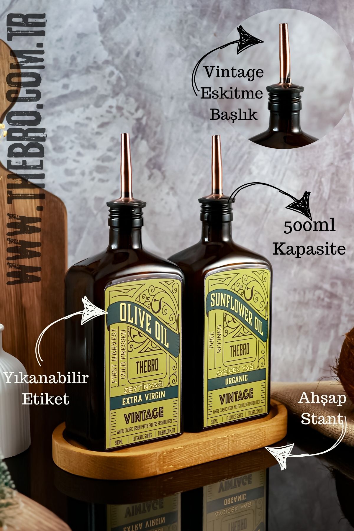 TheBRo 500ML Amber Renkli Ahşap Stantlı Eskitme Dökücülü Elegance Vintage Yağdanlık