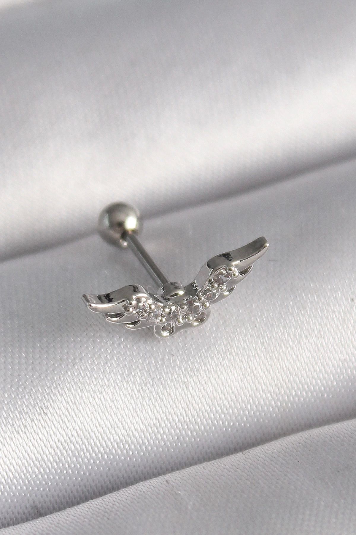 Ekince 316L Çelik Gümüş Renk Zirkon Taş Detay Kanat Model Tragus Piercing