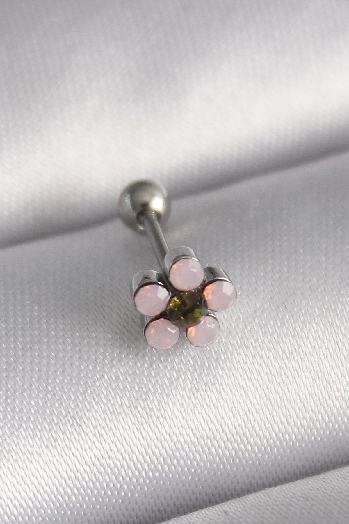 Ekince 316L Çelik Gümüş Renk Zirkon Taşlı Çiçek Tragus Piercing