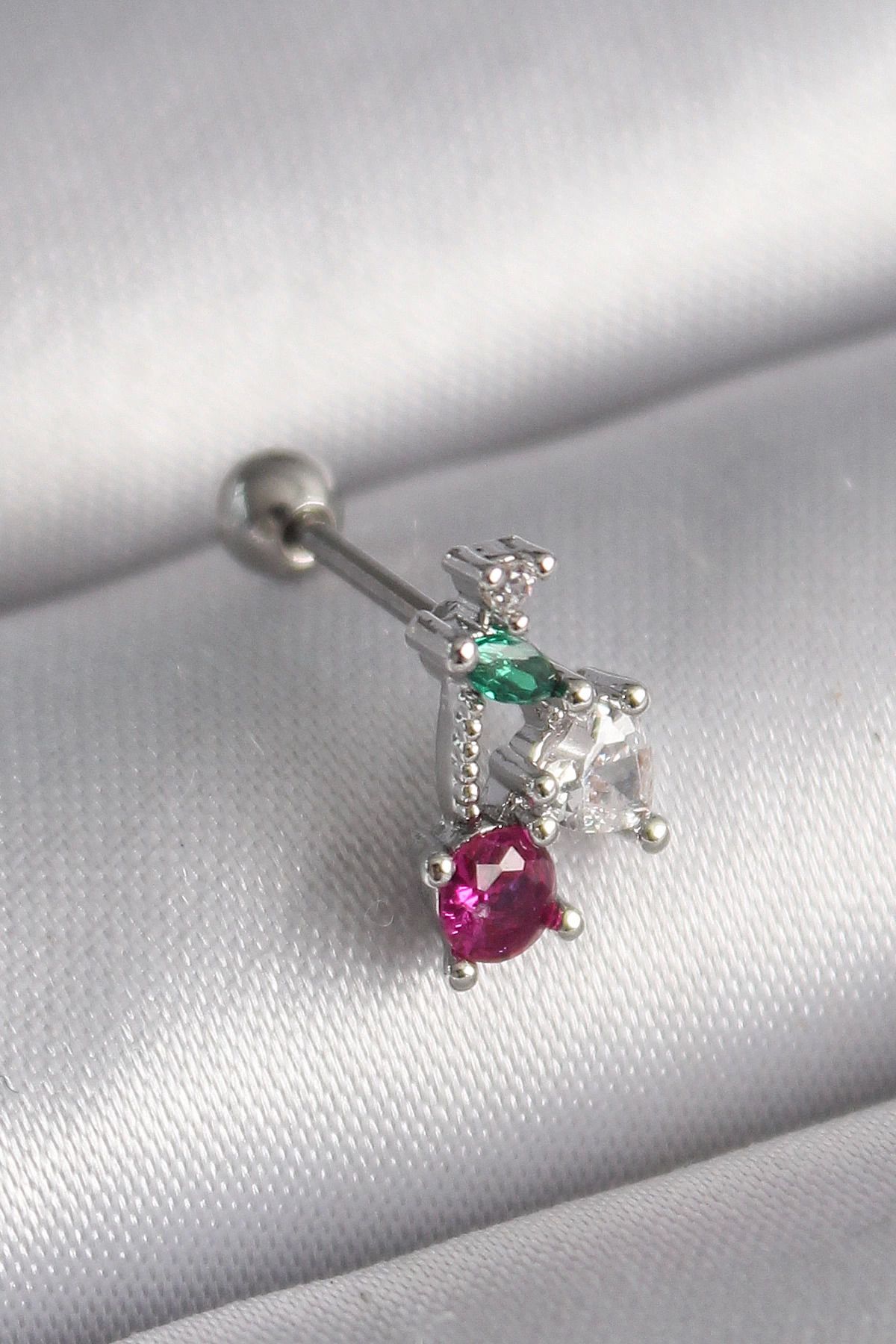 Ekince 316L Çelik Gümüş Renk Zirkon Taşlı Tragus Piercing