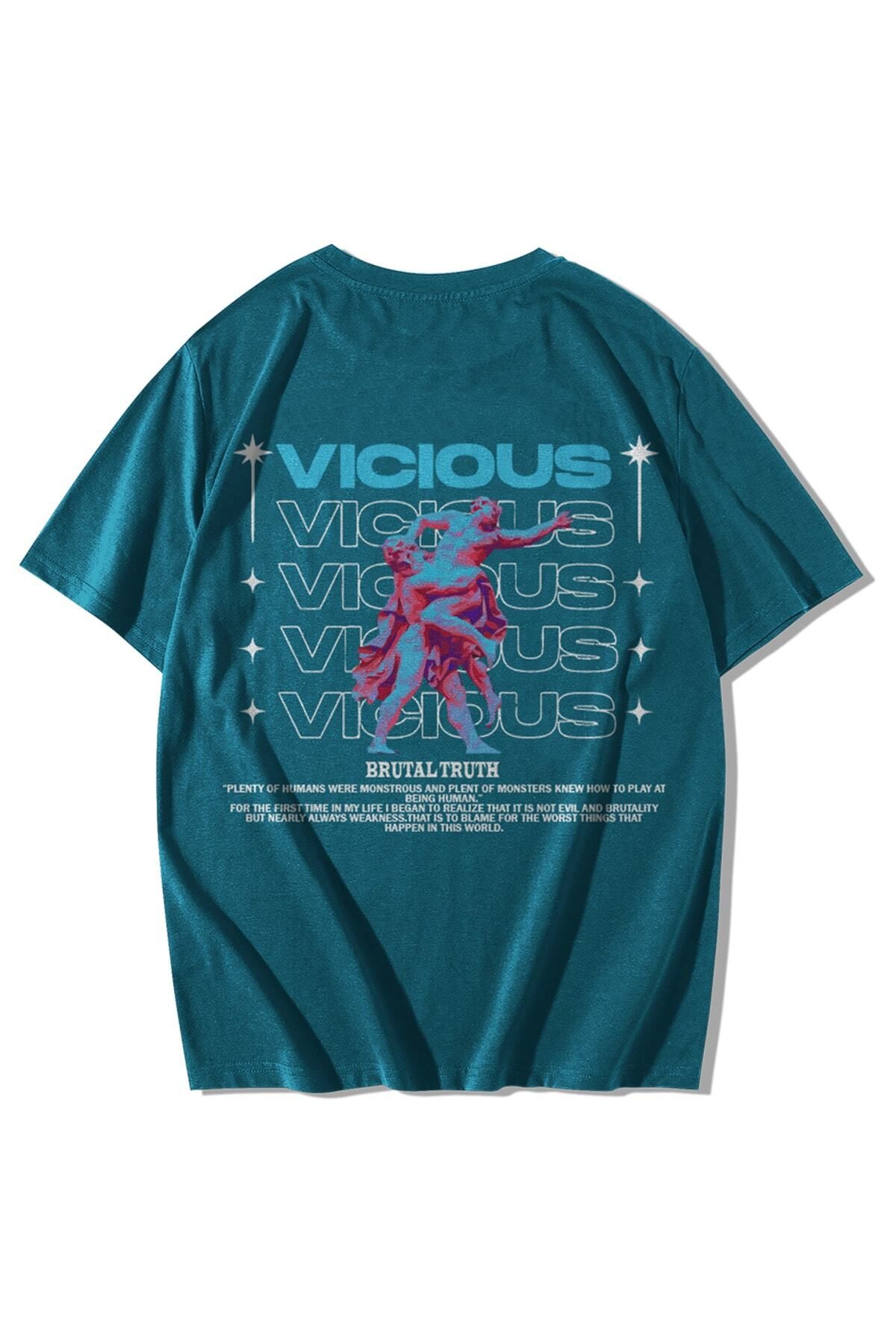 GlowUP Unisex Petrol Yeşili Vicious Baskılı Oversize Kısa Kollu Bisiklet Yaka T-shirt