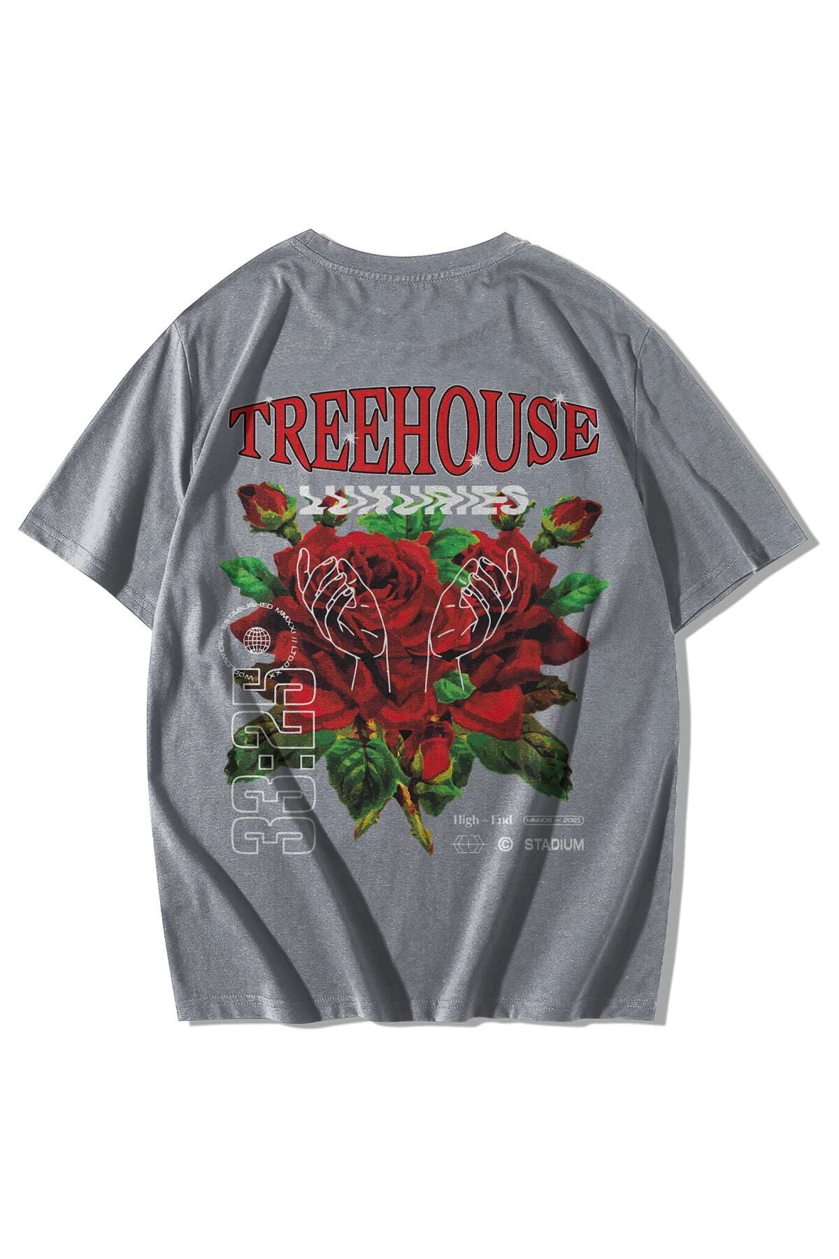 GlowUP Unisex Gri Treehouse Baskılı Oversize Kısa Kollu Bisiklet Yaka T-shirt