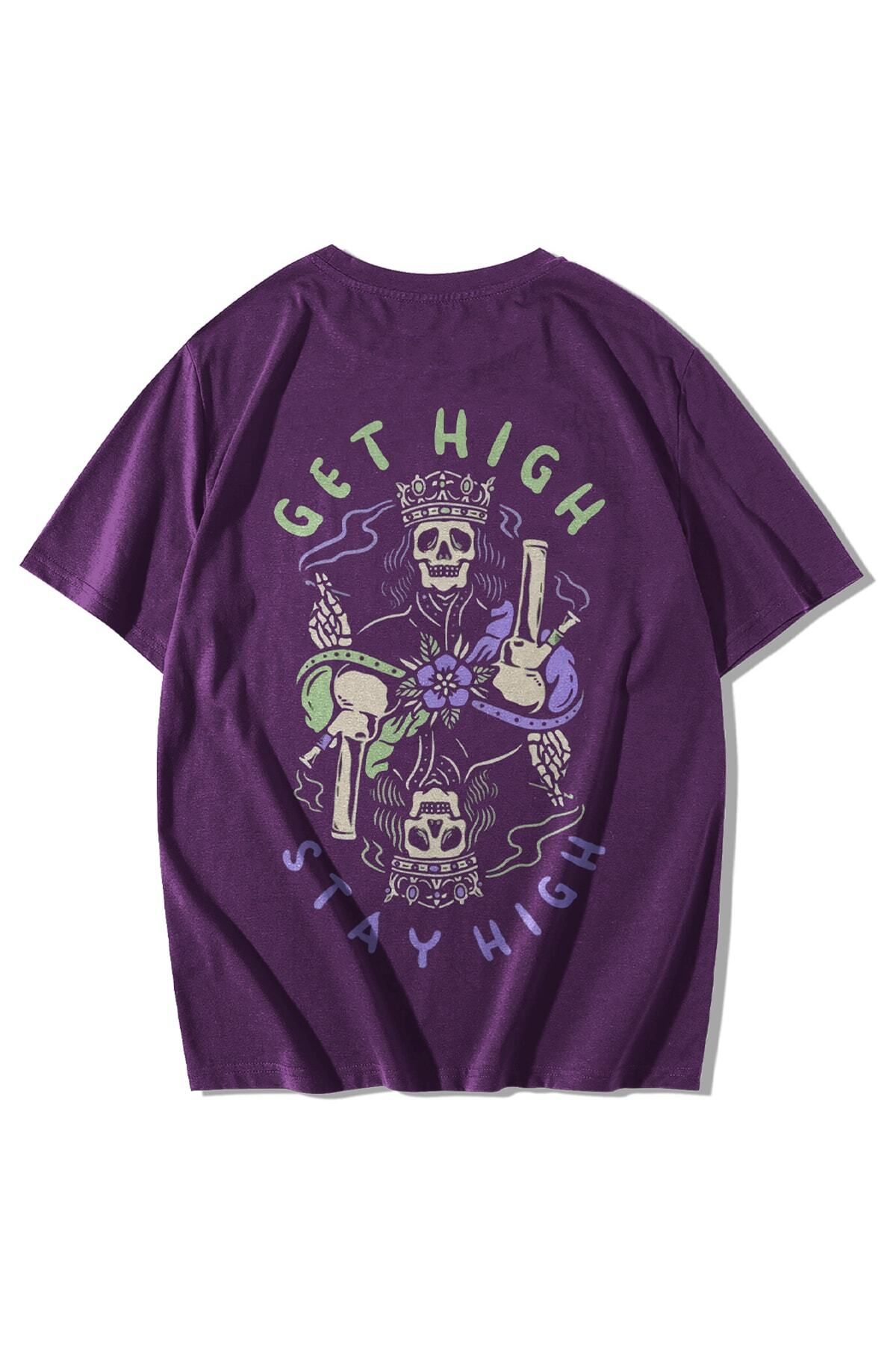 GlowUP Unisex Mor Get High Stay High Baskılı Oversize Kısa Kollu Bisiklet Yaka T-shirt