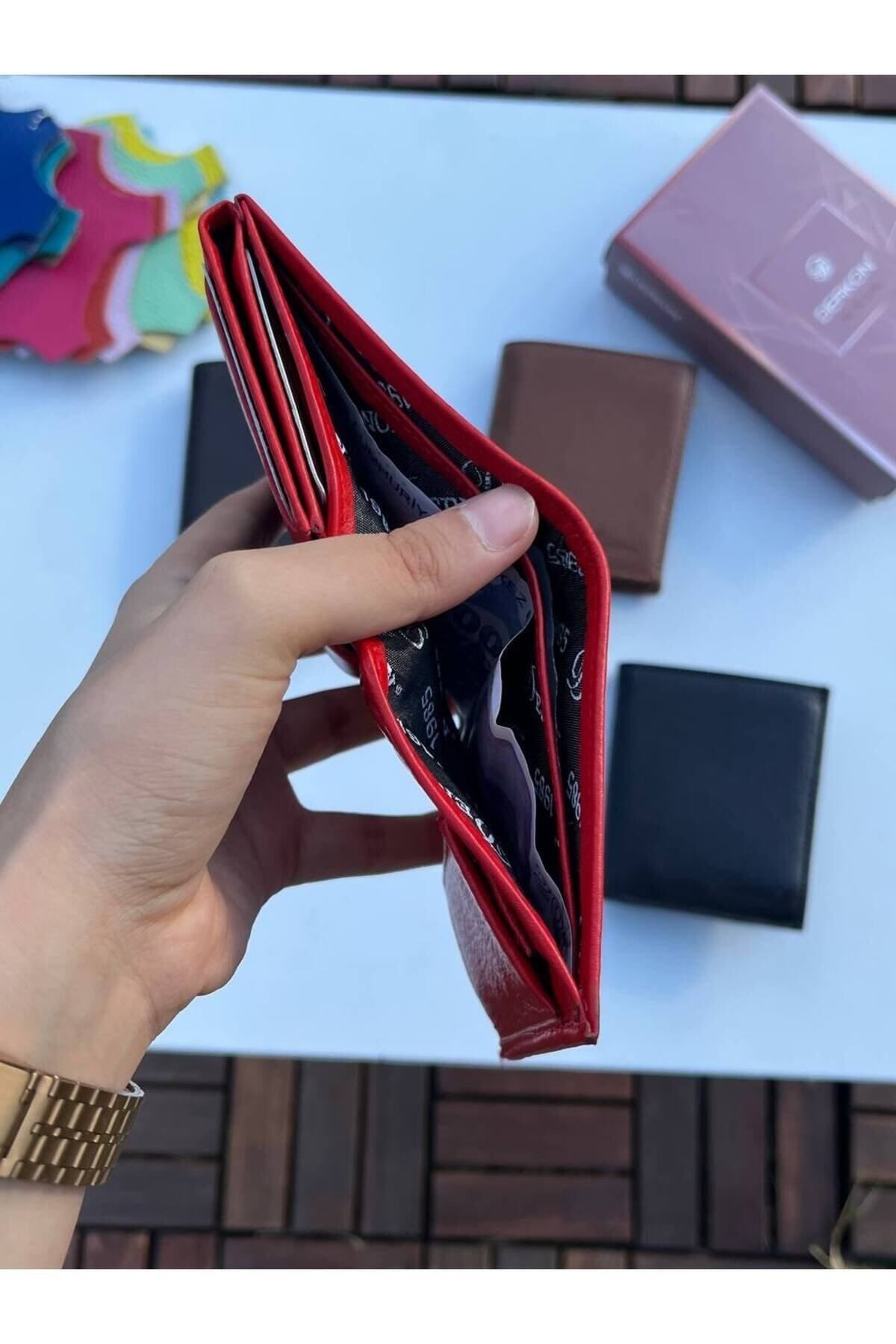 کیف پول مردانه چرمی واقعی موناکو قرمز Derkon