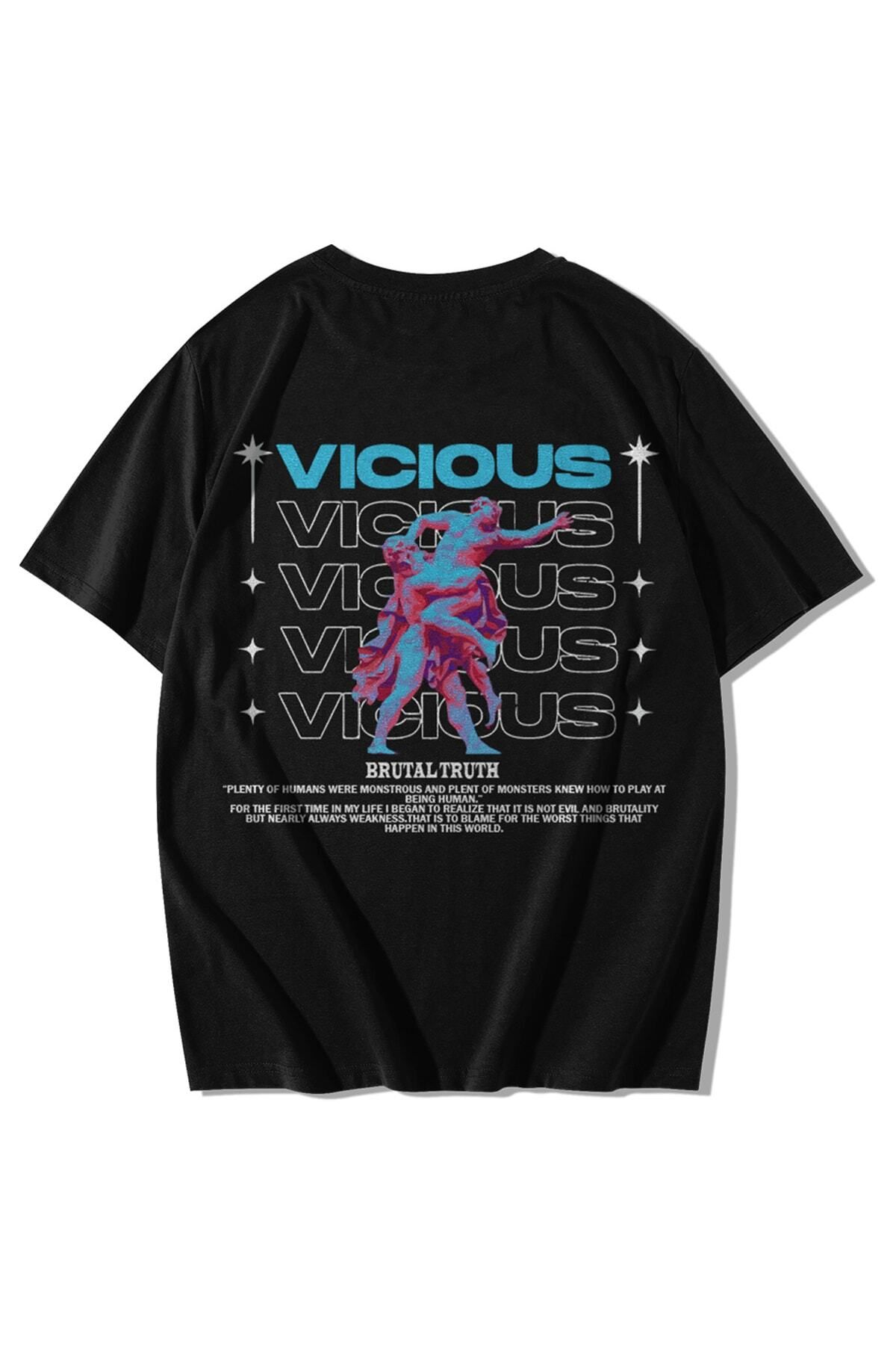 GlowUP Unisex Siyah Vicious Baskılı Oversize Kısa Kollu Bisiklet Yaka T-shirt