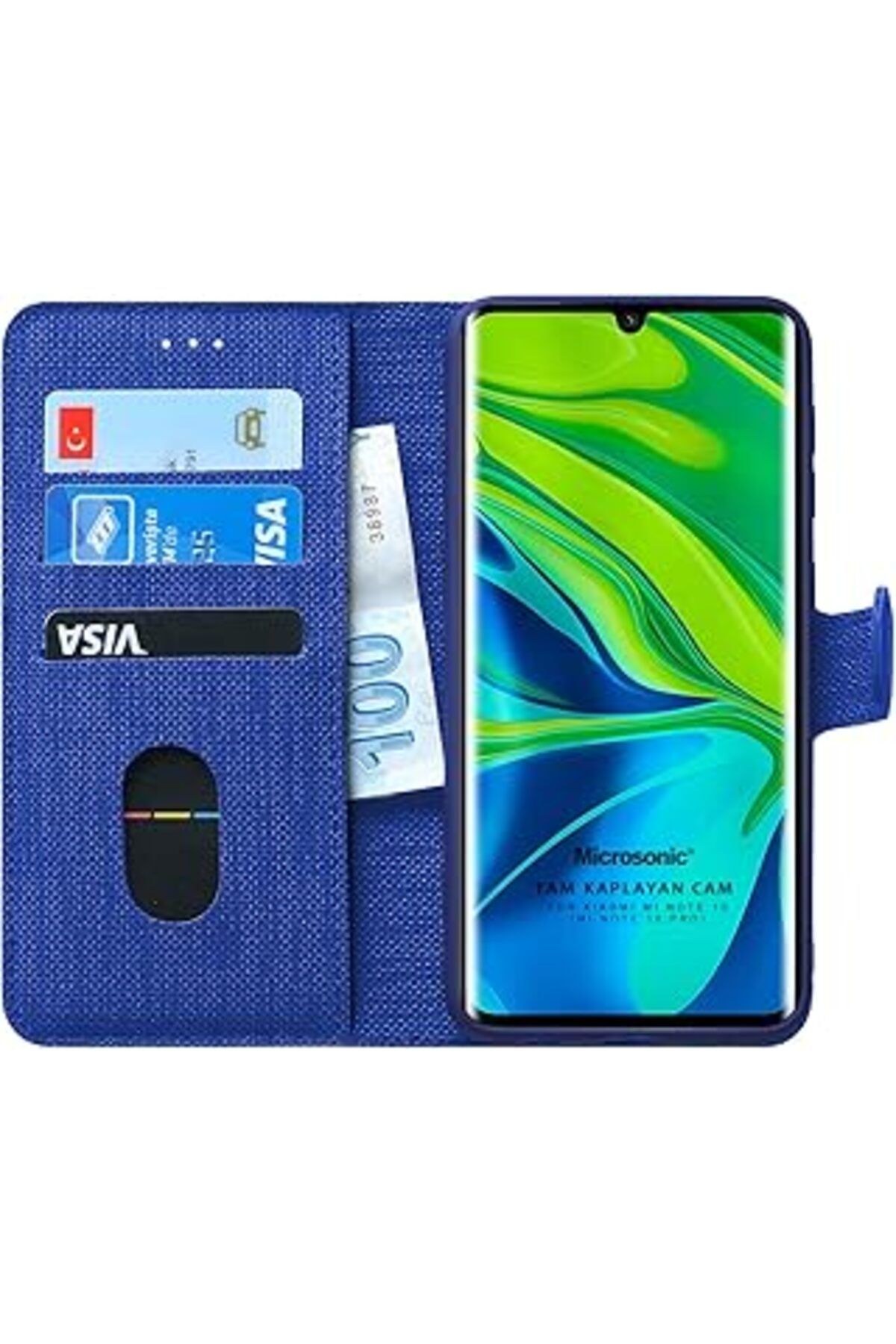 robotrend Mi Mi Note 10 Için Kılıf Fabric Book Wallet Lacivert [Mi Note 10 Ile Uyumlu Kılıf -