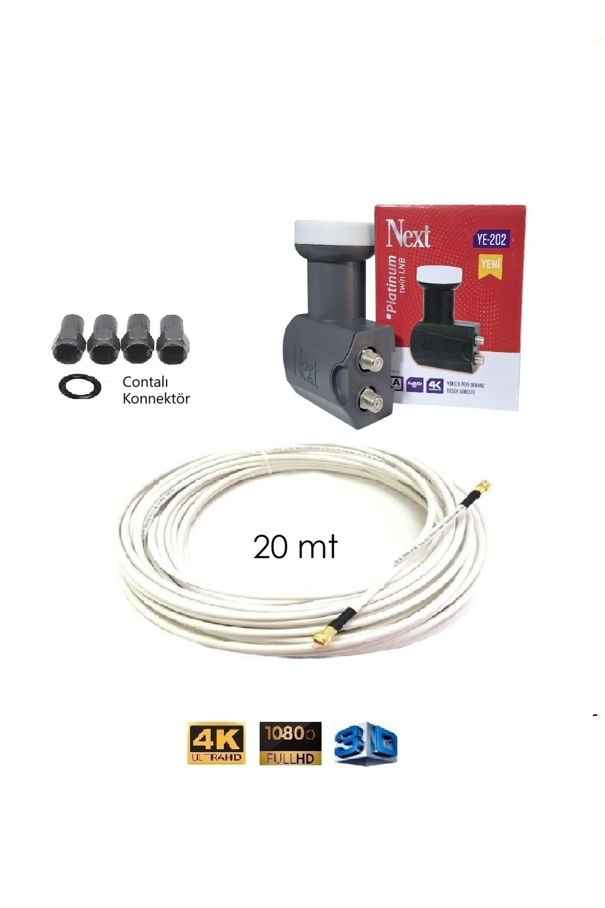 Vwin İkili 2'li Next Lnb + 20 Metre Anten Kablosu Full HD 4K + 4 Adet Contalı Konnektör