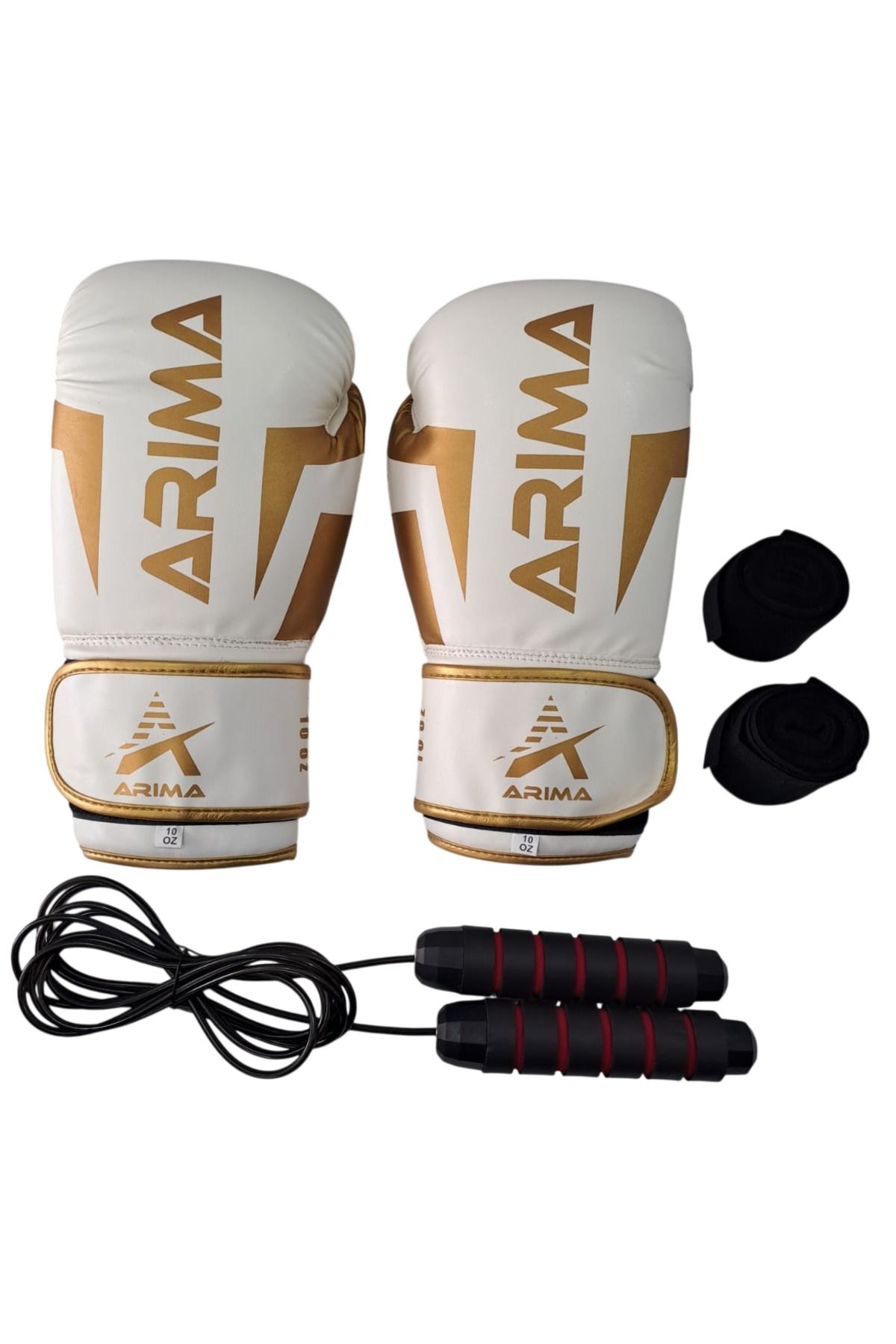 ARIMA Arıma Boks Kickboks  Muaythai Eldiveni Nova-4 Beyaz-Gold + Bandaj + Atlama İpi Set