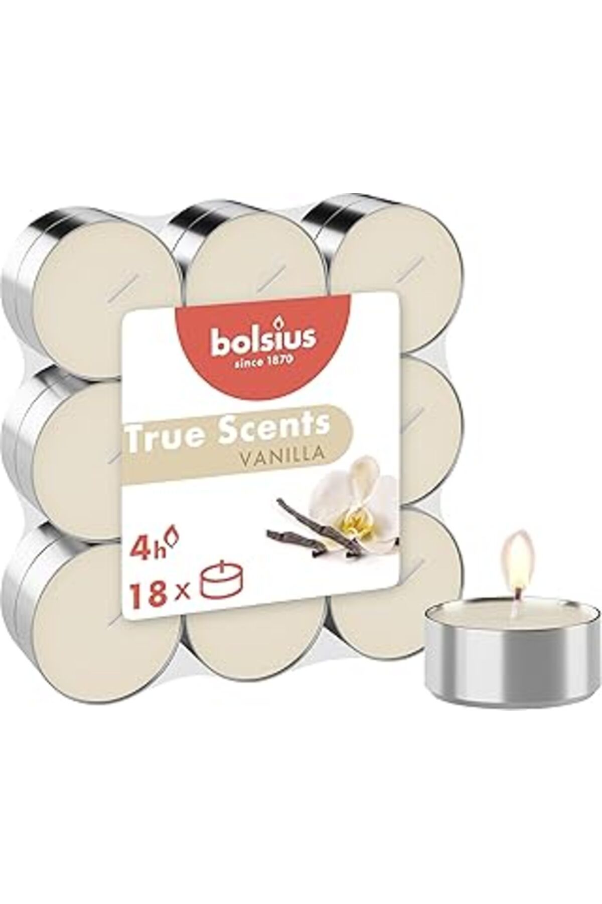 MAGNESİA Bolsius Kokulu Tealight Mum, Vanilya Kokulu, Fildişi Renkli, 18'Li Paket, 4 Saatlik Uzun Yanma Süre