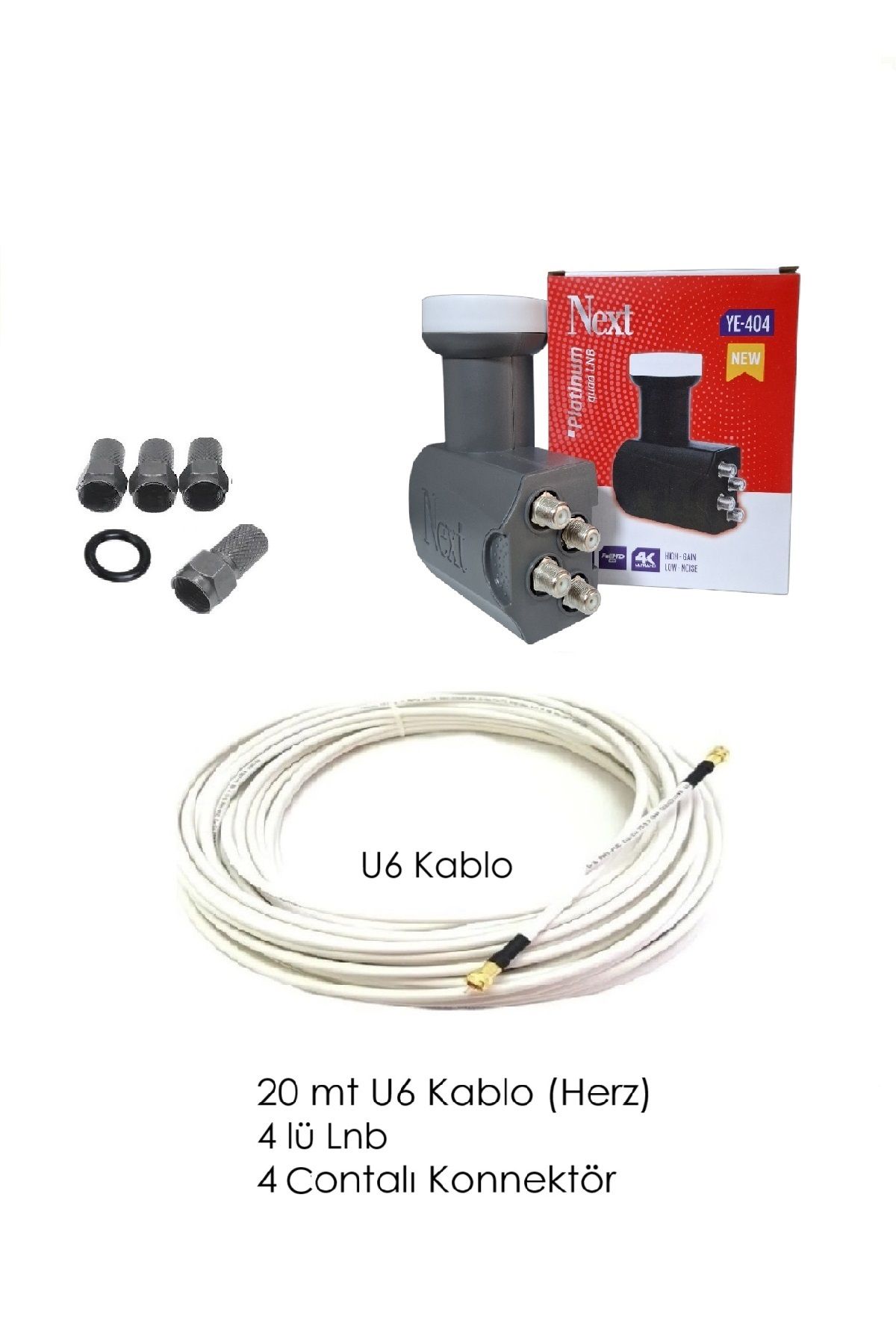 Vwin 20 Metre Rg6 U6 Herz Anten Kablosu + Dörtlü 4'lü Next Lnb + 4 Contalı Konnektör