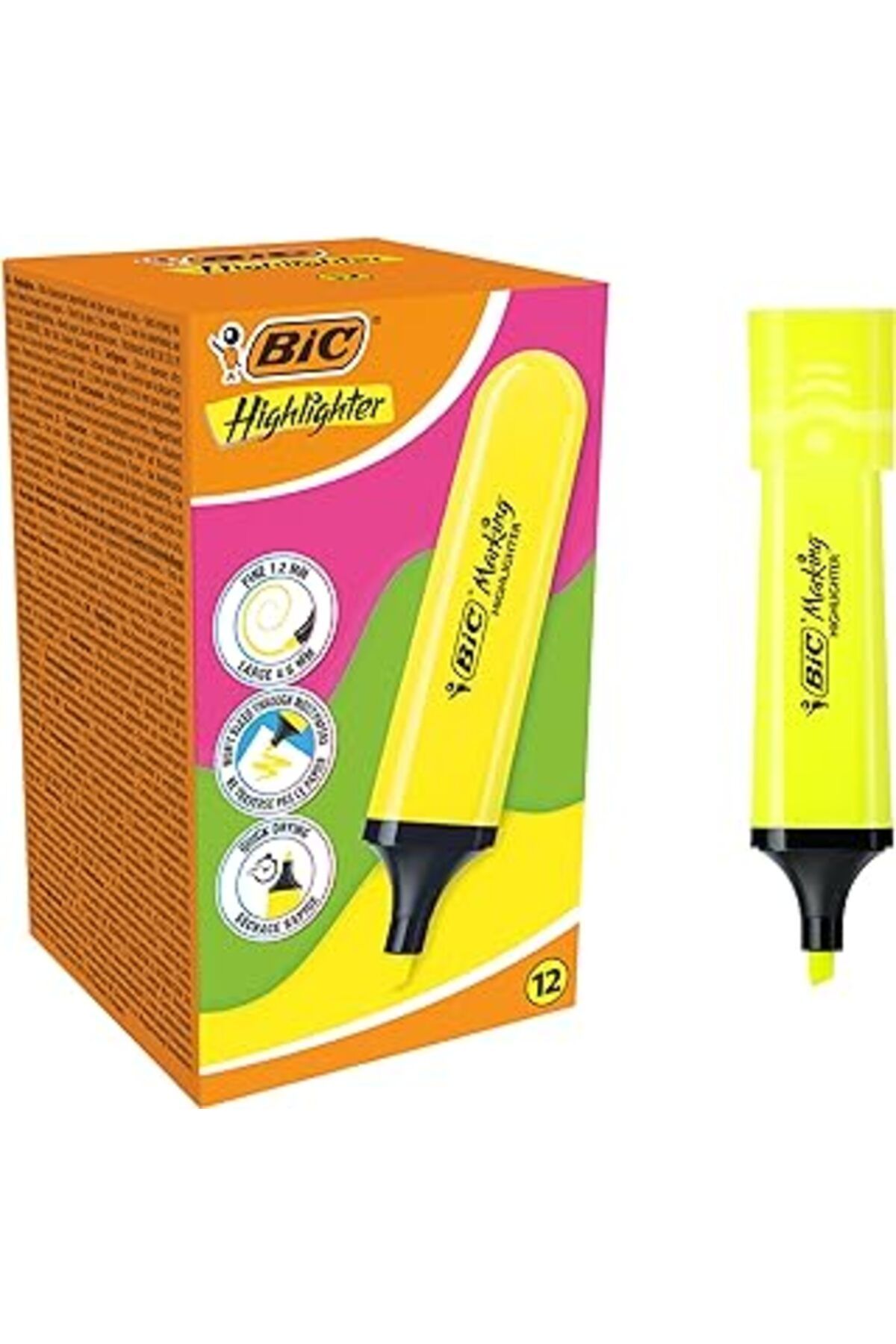 ShopZum Bic Marking Flat Higlighter Fosforlu Kalem 12'Li Kutu, Sarı Fosforlu Kalem, Su Bazlı, Hızlı Kuruyan