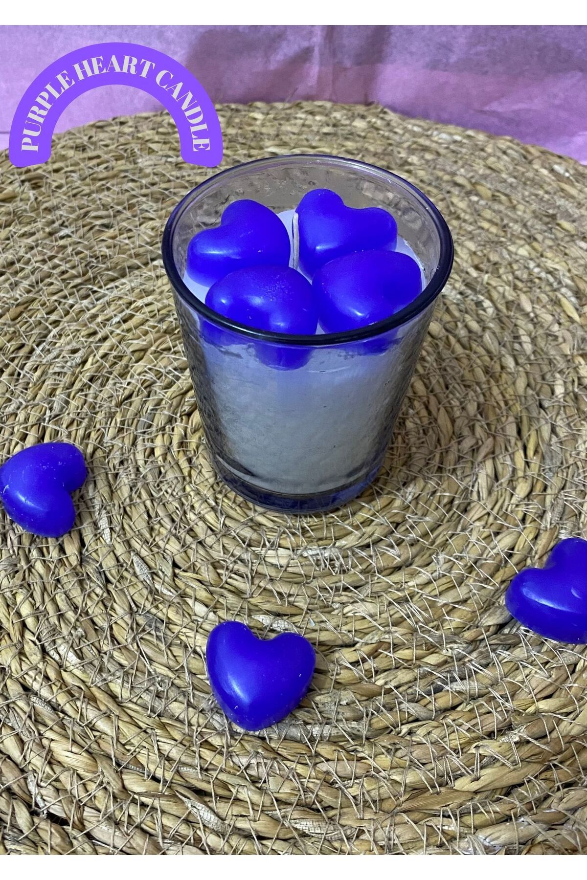 GR CANDLE PURPLE HEART CANDLE - MOR KALP DESENLİ BARDAK MUM