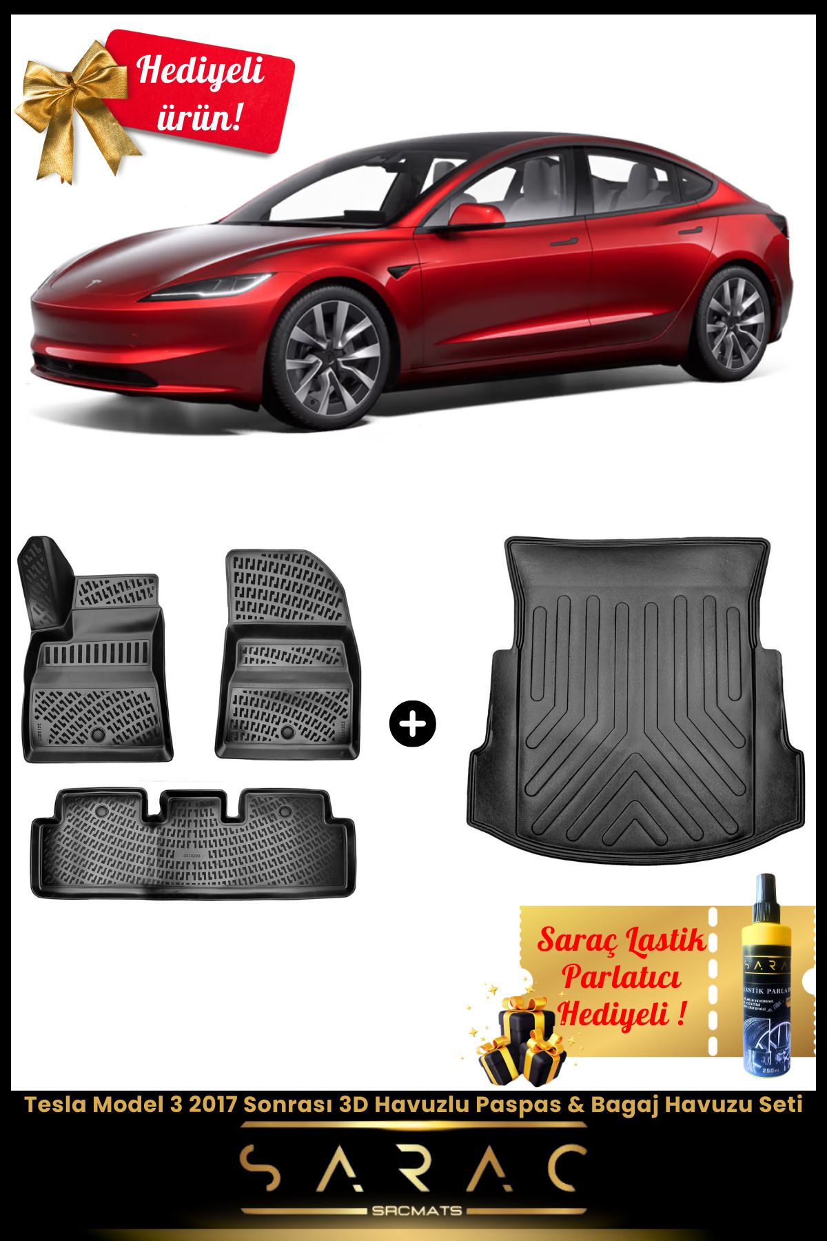 SRCMATS Tesla Model 3 2017 Sonrası Araca Özel 3D Havuzlu Paspas & Bagaj Havuzu Seti+(HEDİYELİ!)