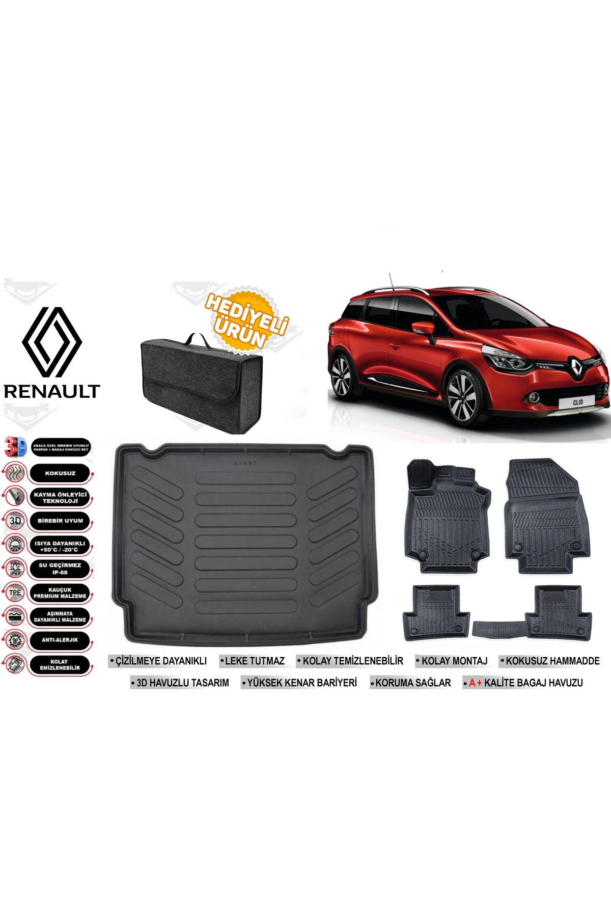 ko kaliteoto Renault Clio 4 Stw 2017 Model Bagaj Havuzu+Paspas Seti Profesyonel Serisi Hediyeli