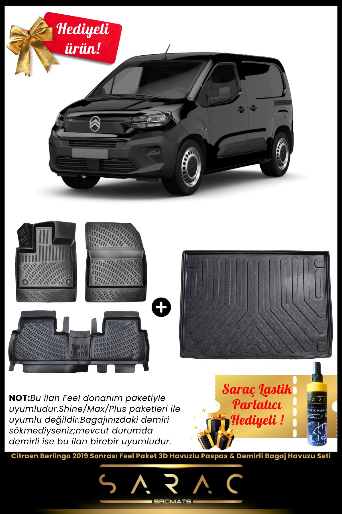 SRCMATS Citroen Berlingo 2019 Sonrası Feel Paket 3D Havuzlu Paspas & Demirli Bagaj Havuzu Seti+(HEDİYELİ!)