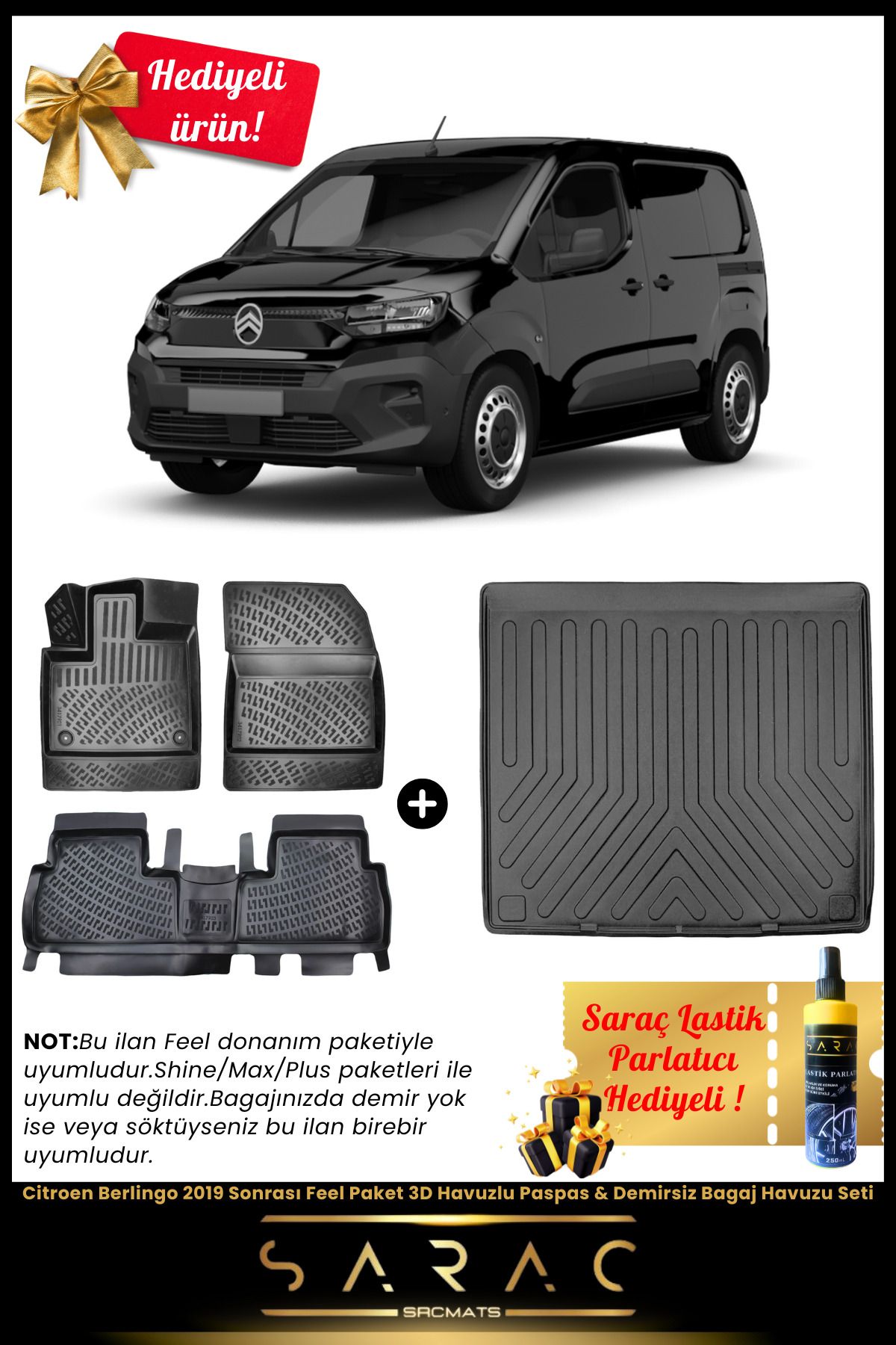 SRCMATS Citroen Berlingo 2019 Sonrası Feel Paket 3D Havuzlu Paspas & Demirsiz Bagaj Havuzu Seti+(HEDİYELİ!)