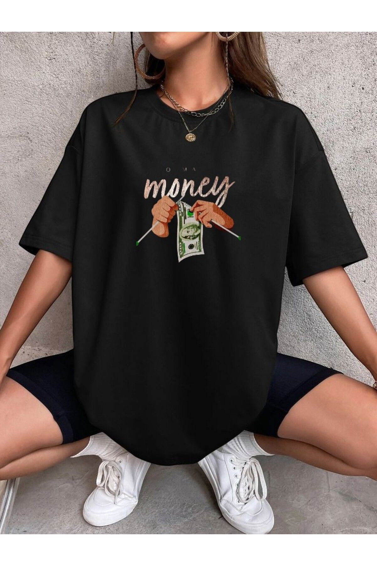 BLACKUMAY Money Örme Baskılı Oversize Bisiklet Yaka T-shirt