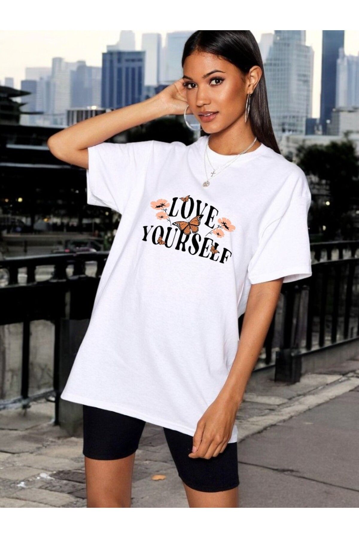 BLACKUMAY Love Your Self Baskılı Pamuklu Oversize Bisiklet Yaka T-shirt