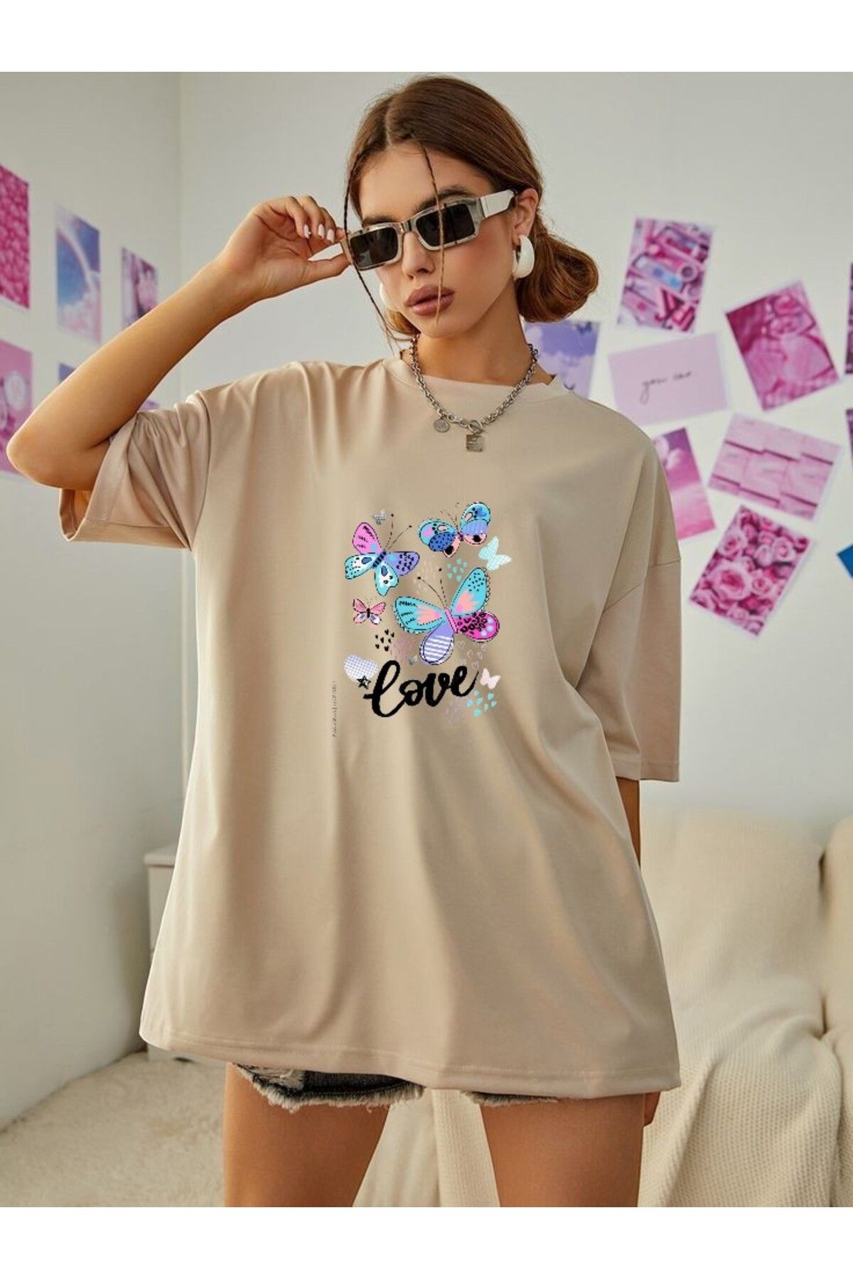 BLACKUMAY Love Kelebek Baskılı Oversize Bisiklet Yaka T-shirt