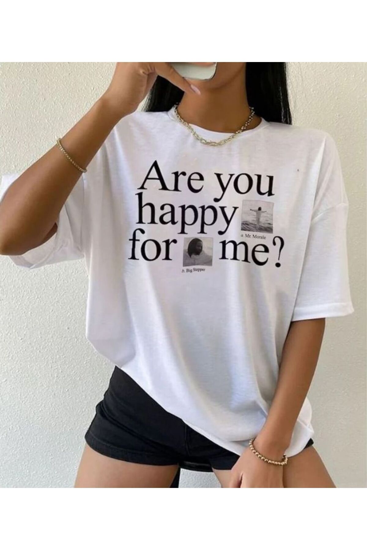 BLACKUMAY Happy Baskılı Oversize Bisiklet Yaka T-shirt