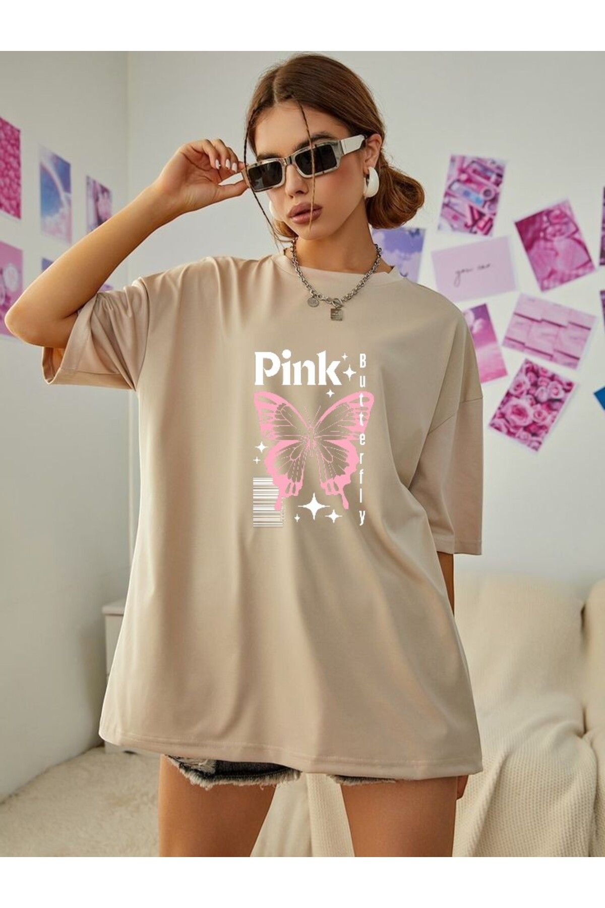 BLACKUMAY Pink Kelebek Baskılı Oversize Bisiklet Yaka T-shirt