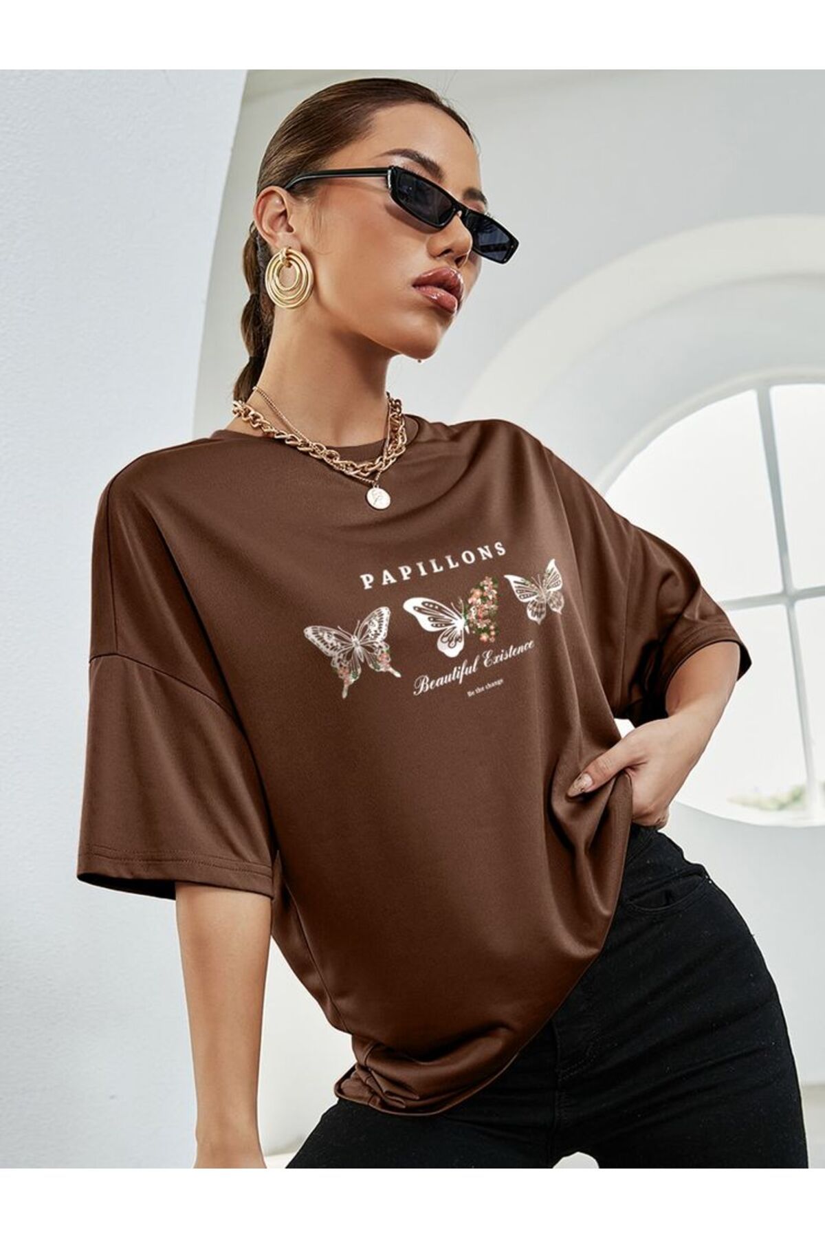 BLACKUMAY Papıllons Kelebek Baskılı Oversize Bisiklet Yaka T-shirt