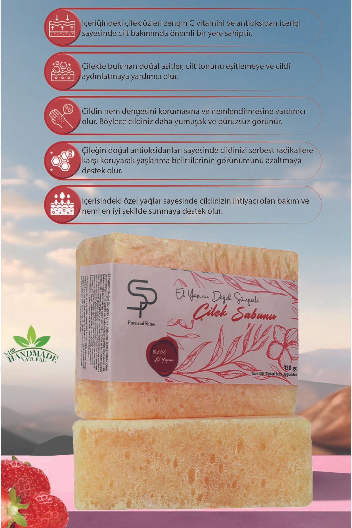 Pureandshine EL YAPIMI DOĞAL SÜNGERLİ  ÇİLEK SABUNU