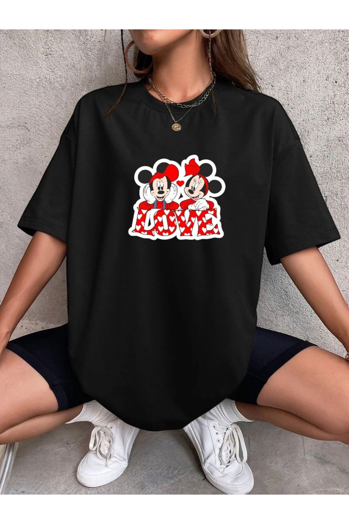 BLACKUMAY Love Minne Mouse Baskılı Oversize Bisiklet Yaka T-shirt