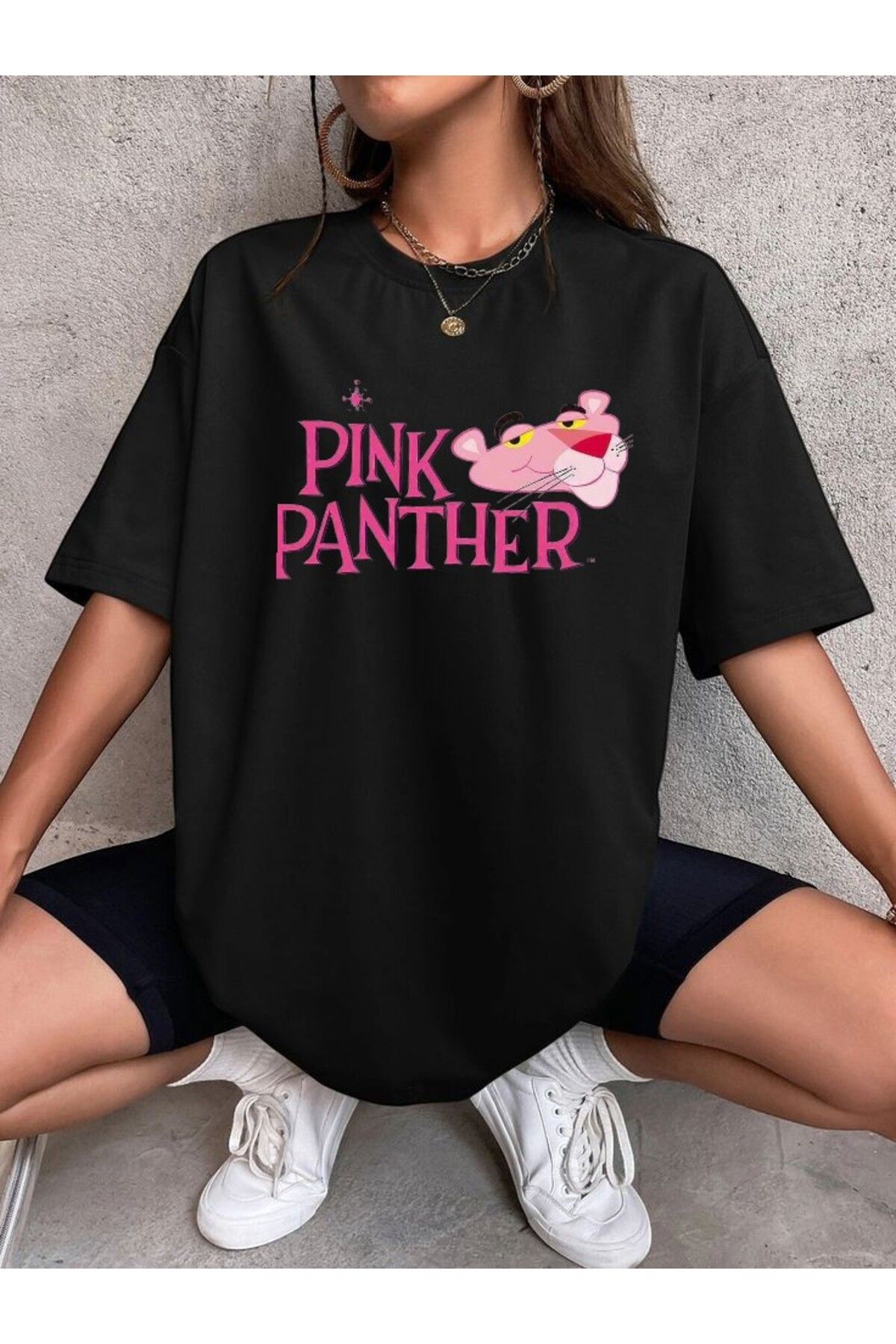 BLACKUMAY Pink Panter ön Baskılı Oversize Bisiklet Yaka T-shirt