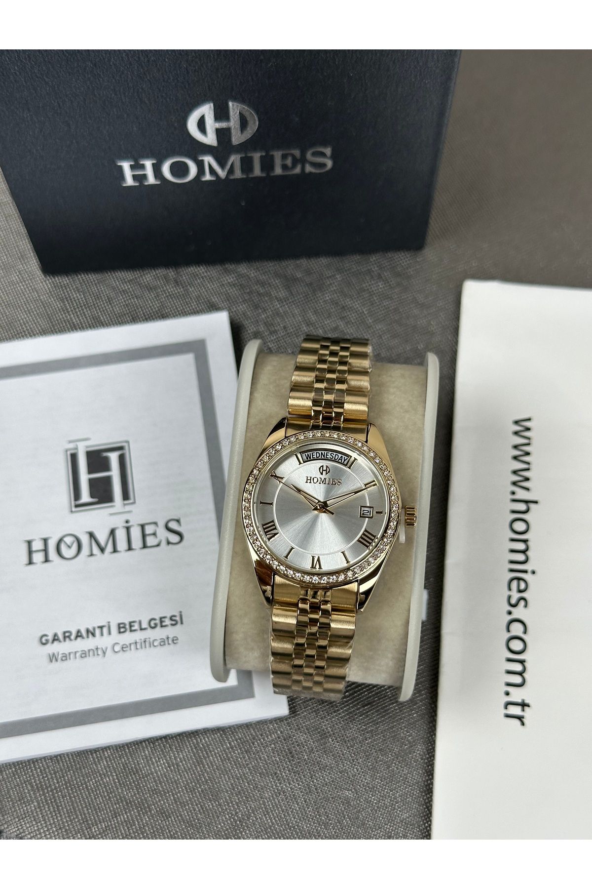 Homies TAŞLI KADIN KOL SAATI JUBİLE KORDON FULL GOLD 2 YIL GARANTİLİ