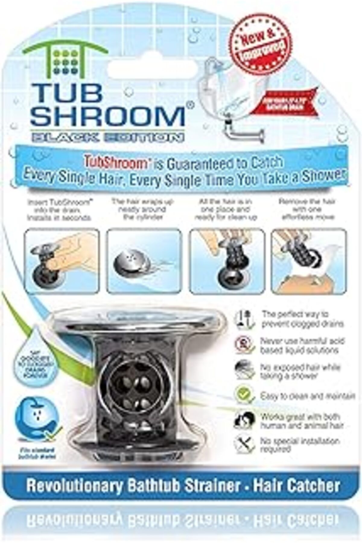 NZM TİCARET Tubshroom Edition Revolutionary Tub Drain Protector Hair Catcher, Strainer, Snare, Black Chrome