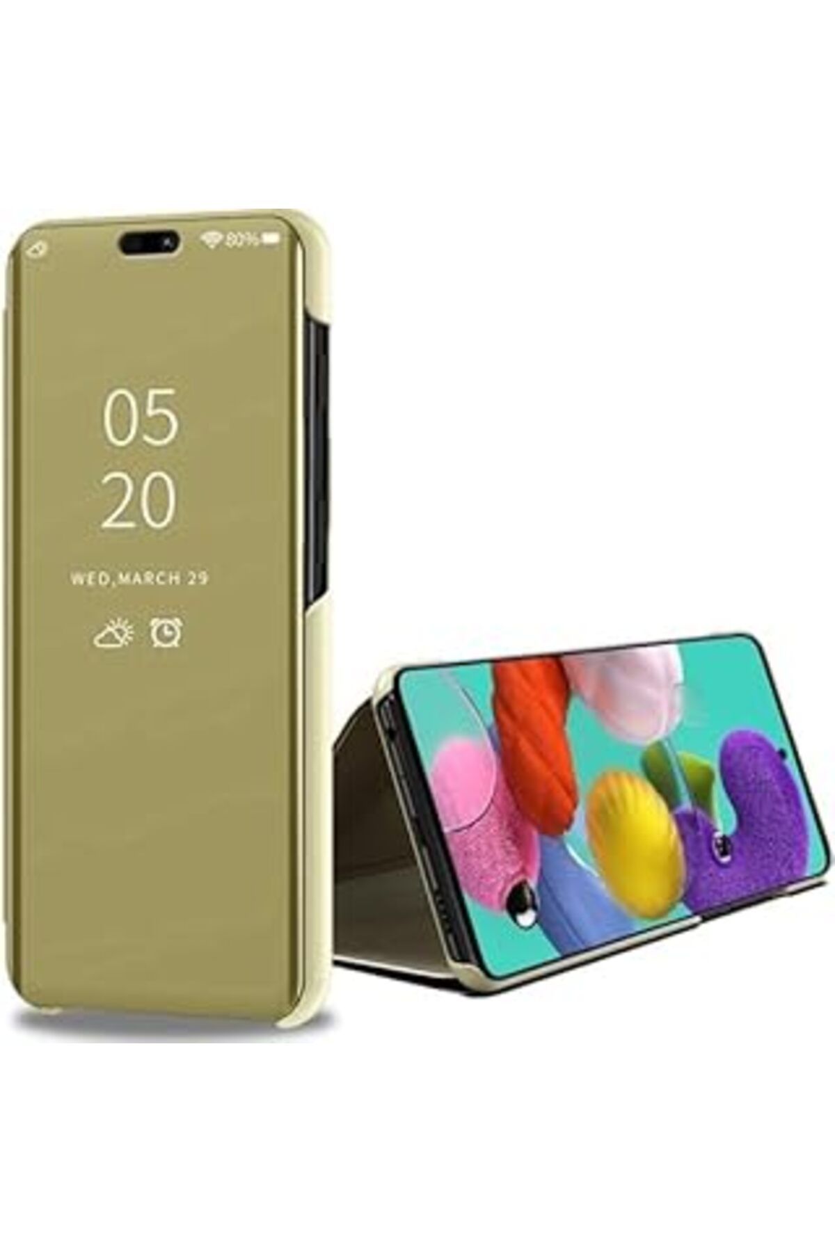 feifei Galaxy A7 2018 Uyumlu Aynalı Kapaklı Standlı Clear View Kılıf (Altın Rengi)