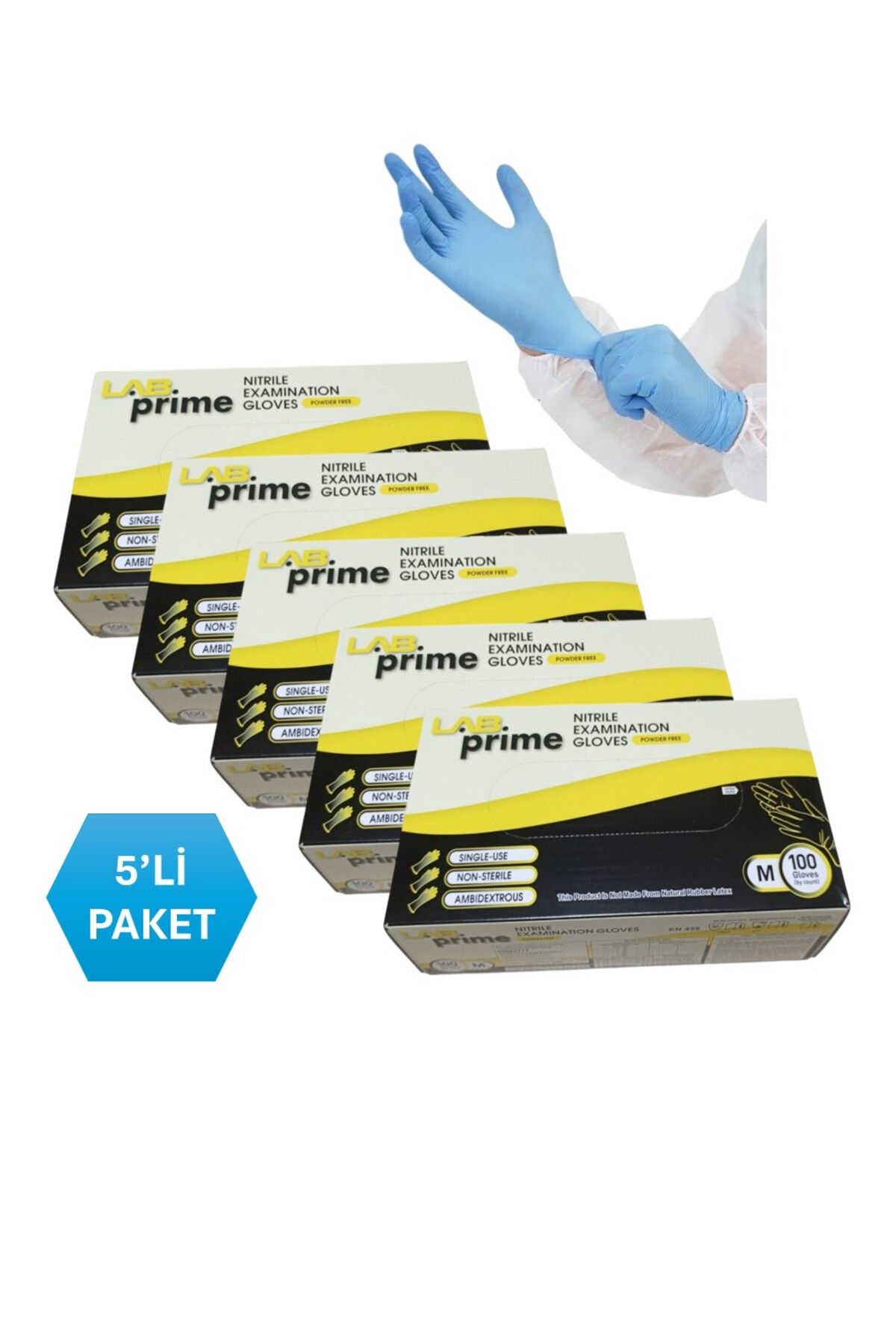 LabPrime Çok Amaçlı Nitril Eldiven Pudrasız Mavi -gıdaya Uygun---- M Beden ---- 5 Adet X 100'lü Paket