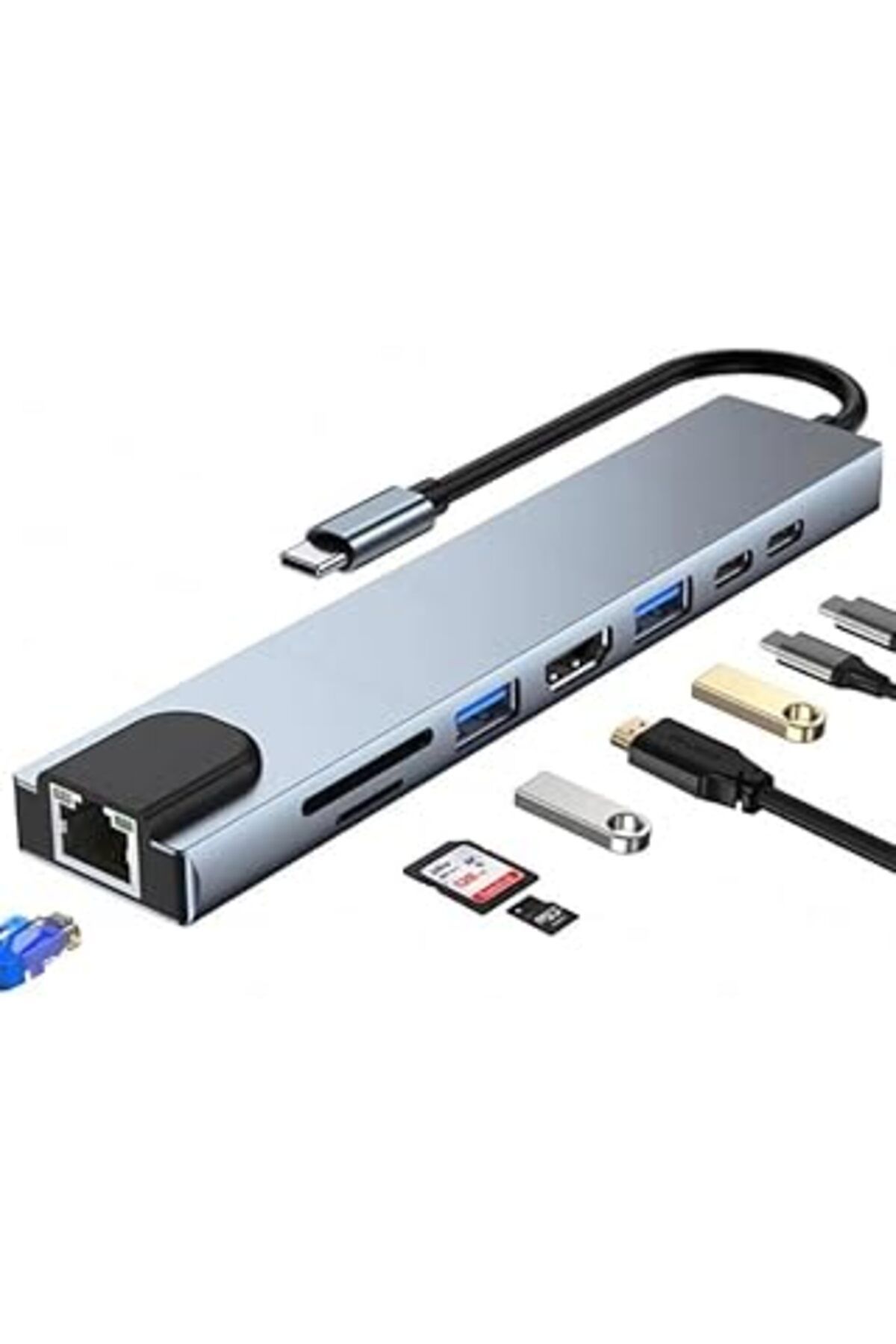 nerede bulurum 8In1 Usb Type-C Hub Port Adaptör Hdmi Usb Ethernet Pd Girişli, Gri