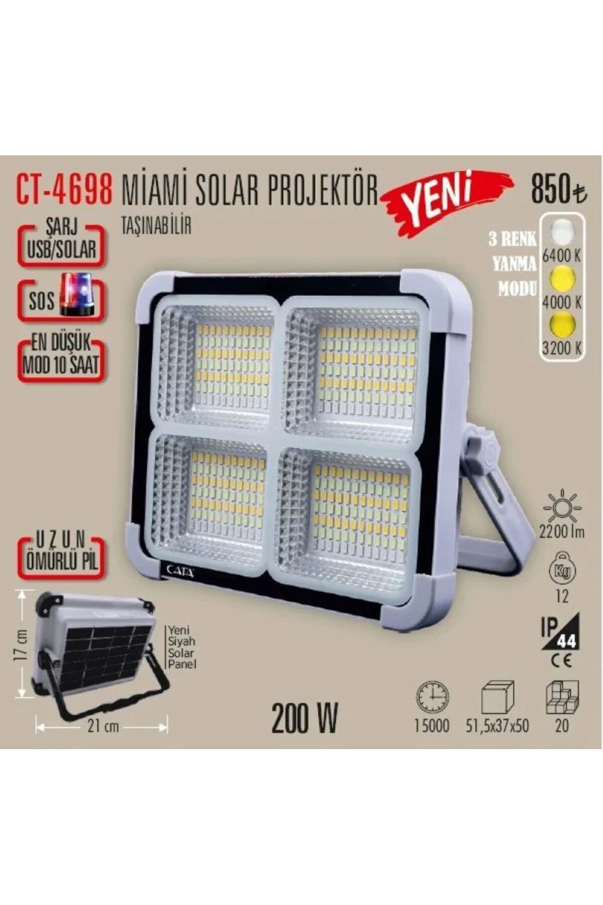 Cata CT-4698 TAŞINABİLİR ŞARJLI SOLAR PROJEKTÖR (200W)